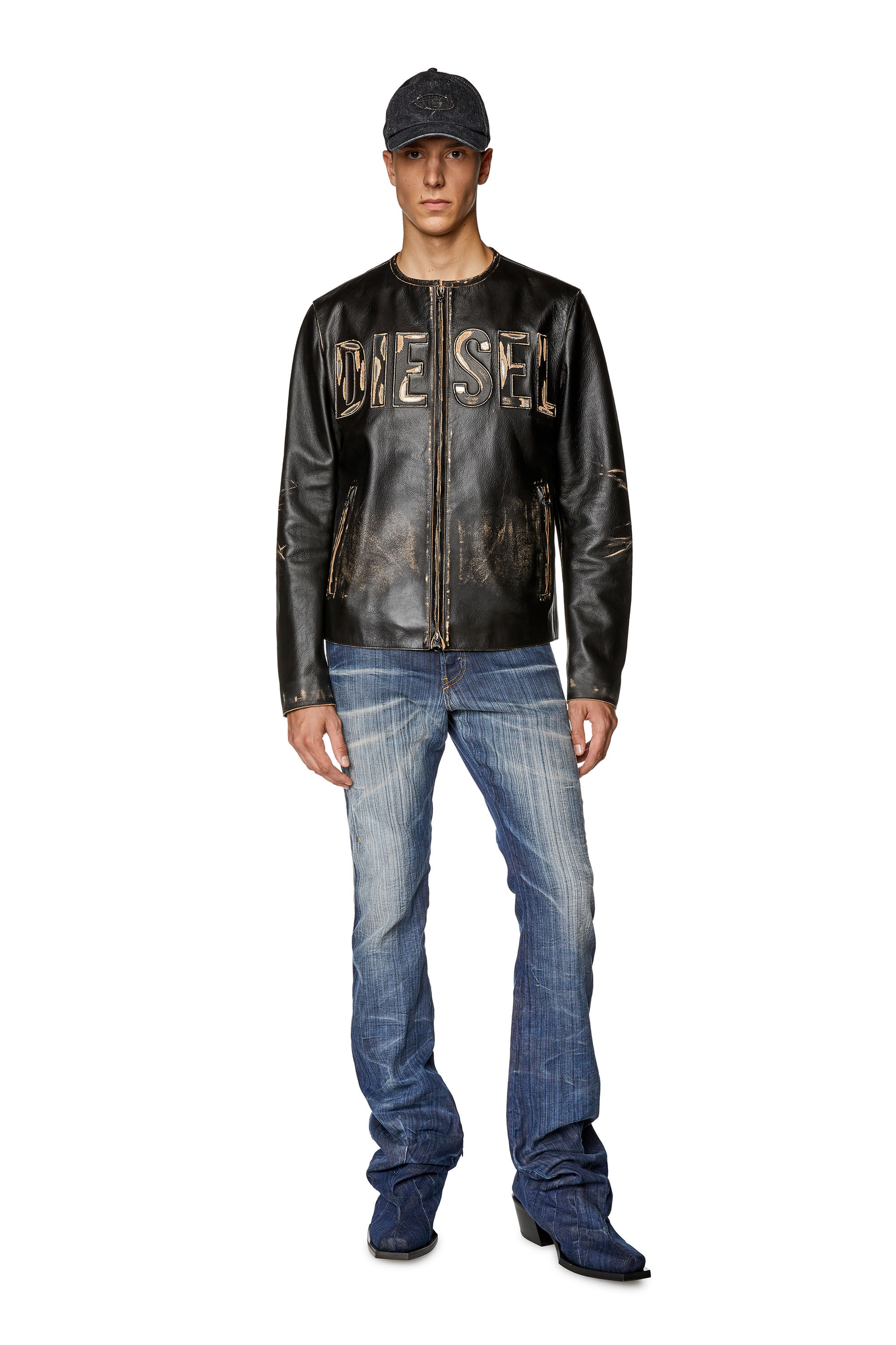 Diesel - L-MET, Man Distressed leather jacket with metal logo in Black - Image 1