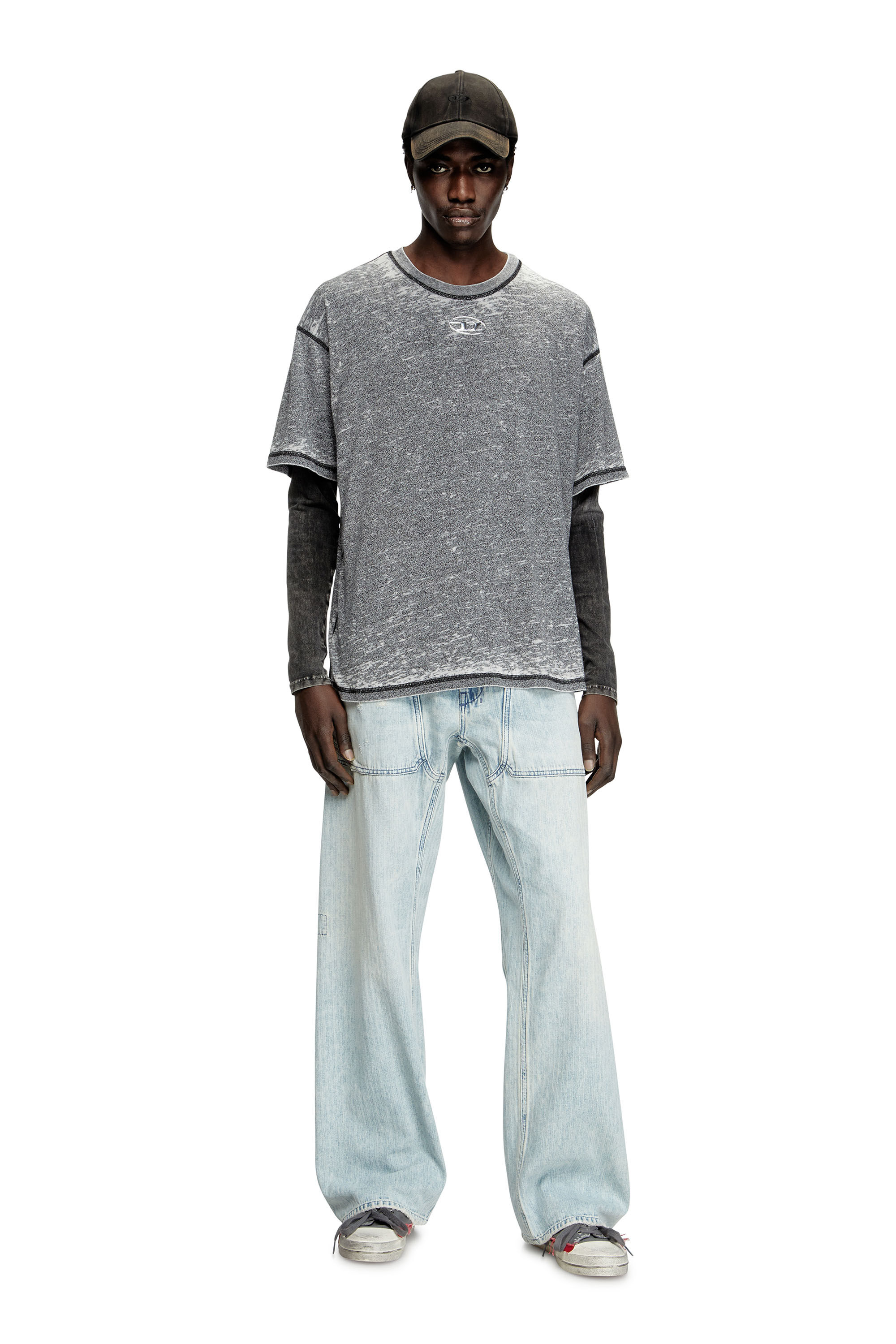 Diesel - T-BOXT-PAK, T-shirt con burnout e logo effetto cromato Uomo in Grigio - 1