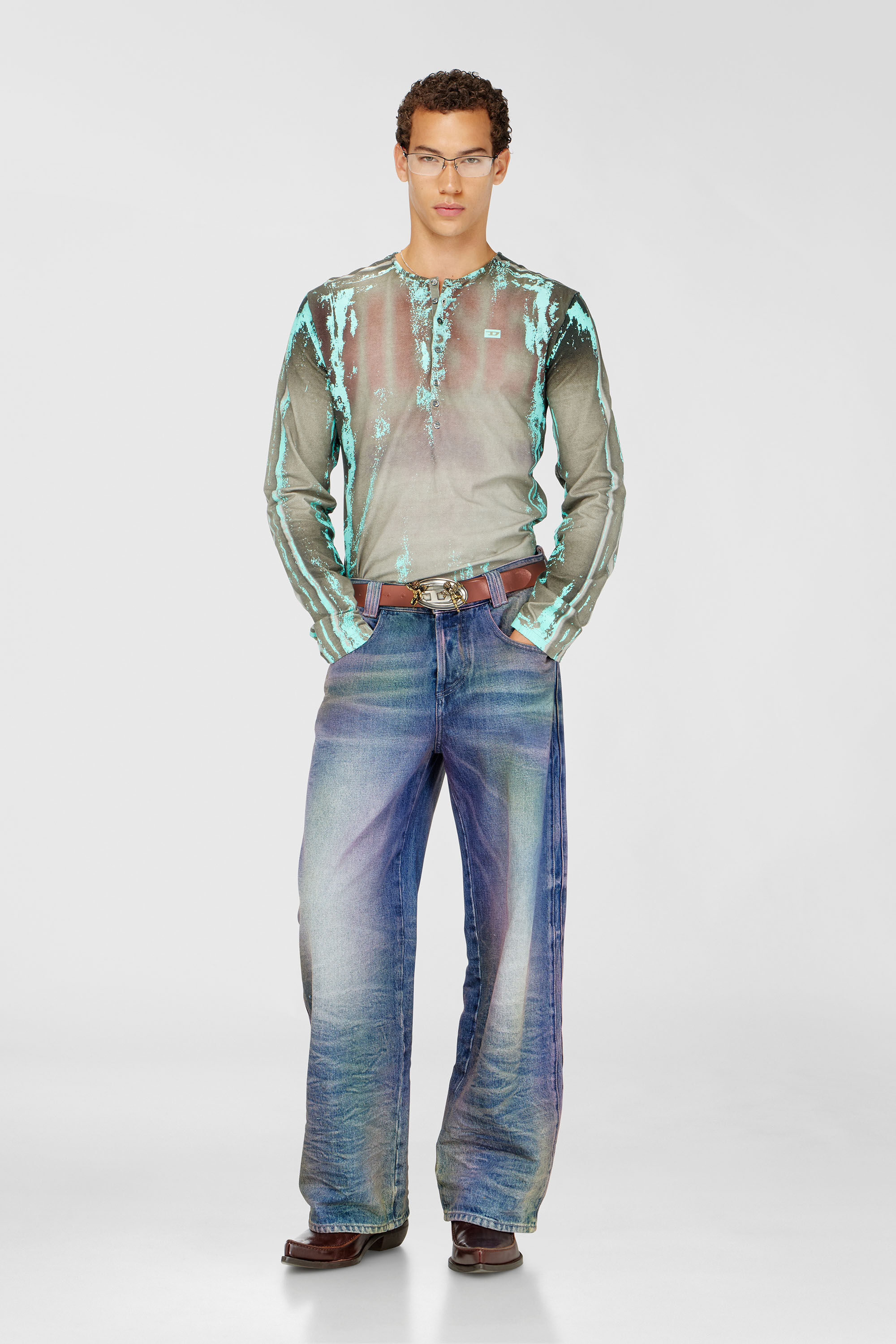 Diesel - T-FYNO-ML, Grandad T-shirt in jersey effetto pelle craquel&eacute; Uomo in Multicolor - 1