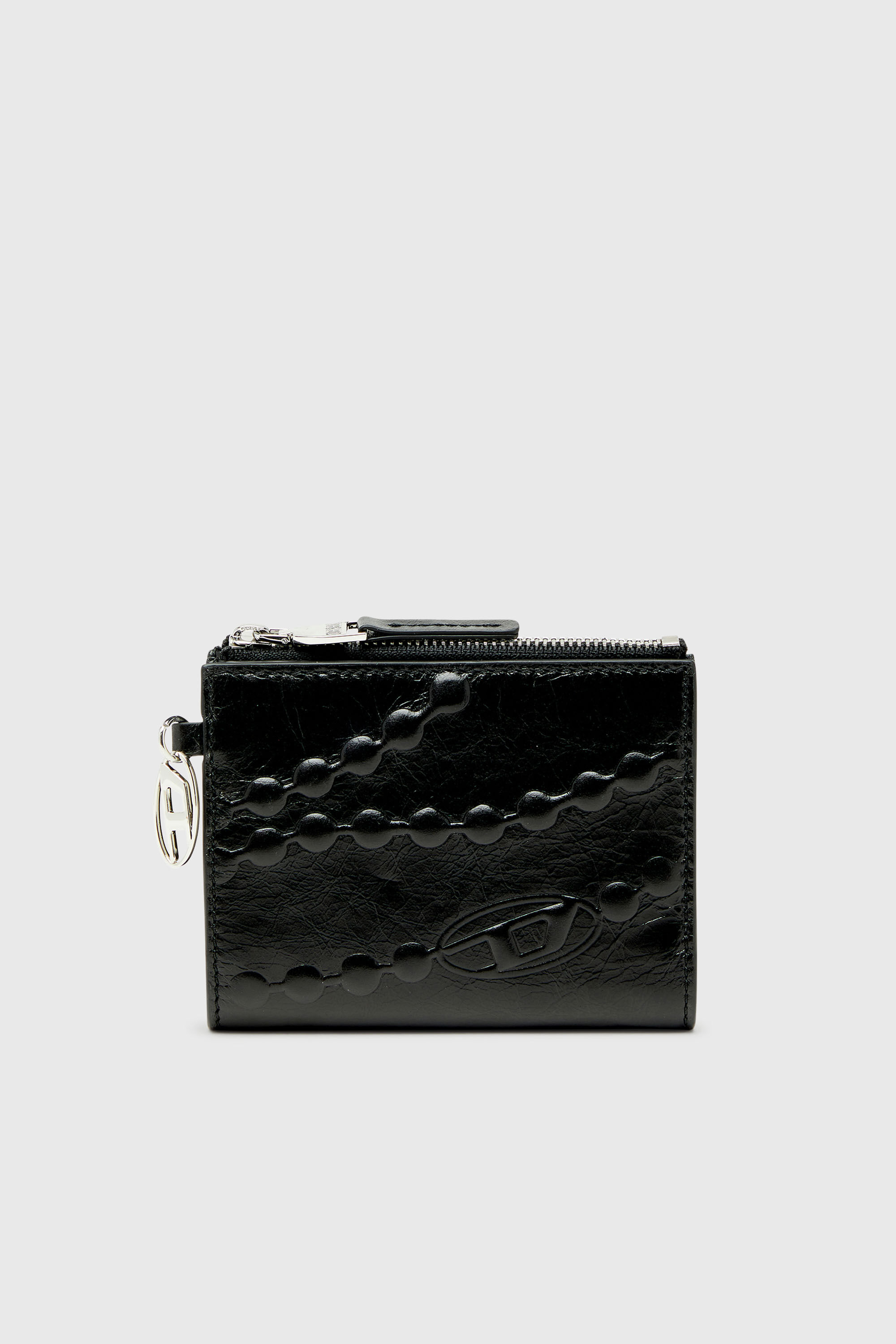Diesel - OVAL-D BI FOLD ZIP II, Portafoglio in pelle a due ante con motivo catena emboss&eacute; Donna in Nero - 1