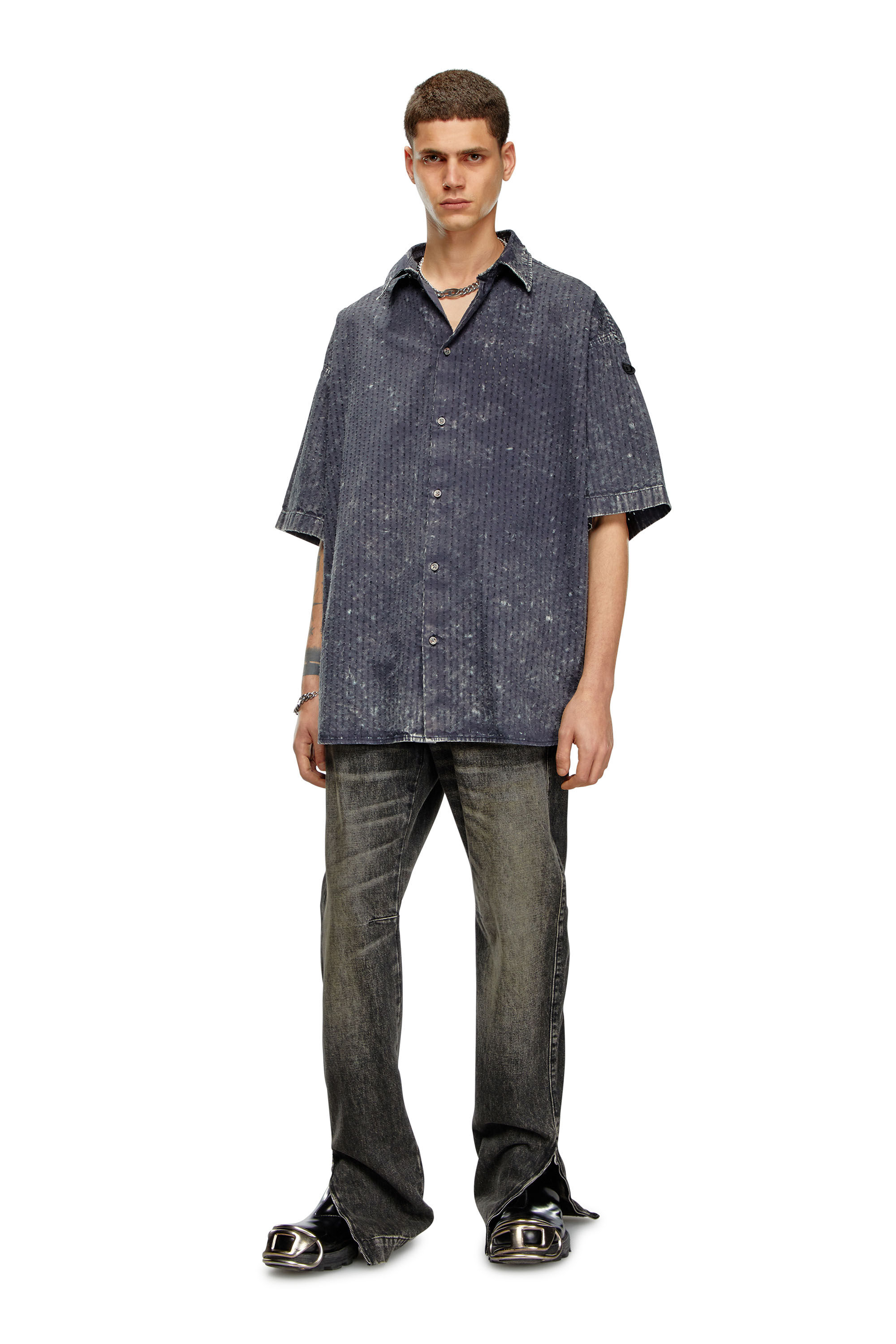 Diesel - S-LAZER, Man Perforated acid-wash short-sleeve shirt in Grey - Image 1
