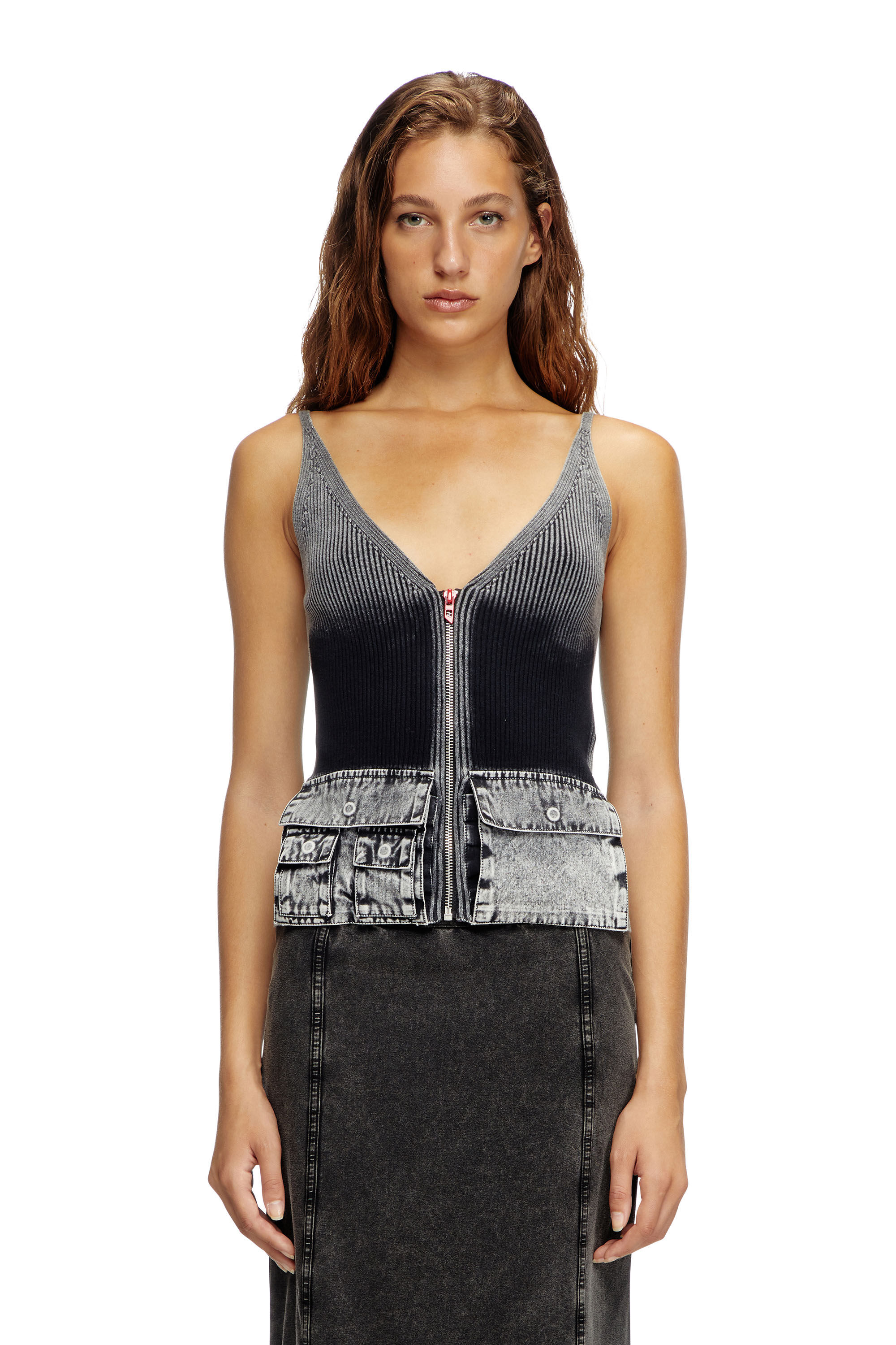 Diesel - M-MELLY, Tank top in maglia con tasche in denim Donna in Grigio - 3