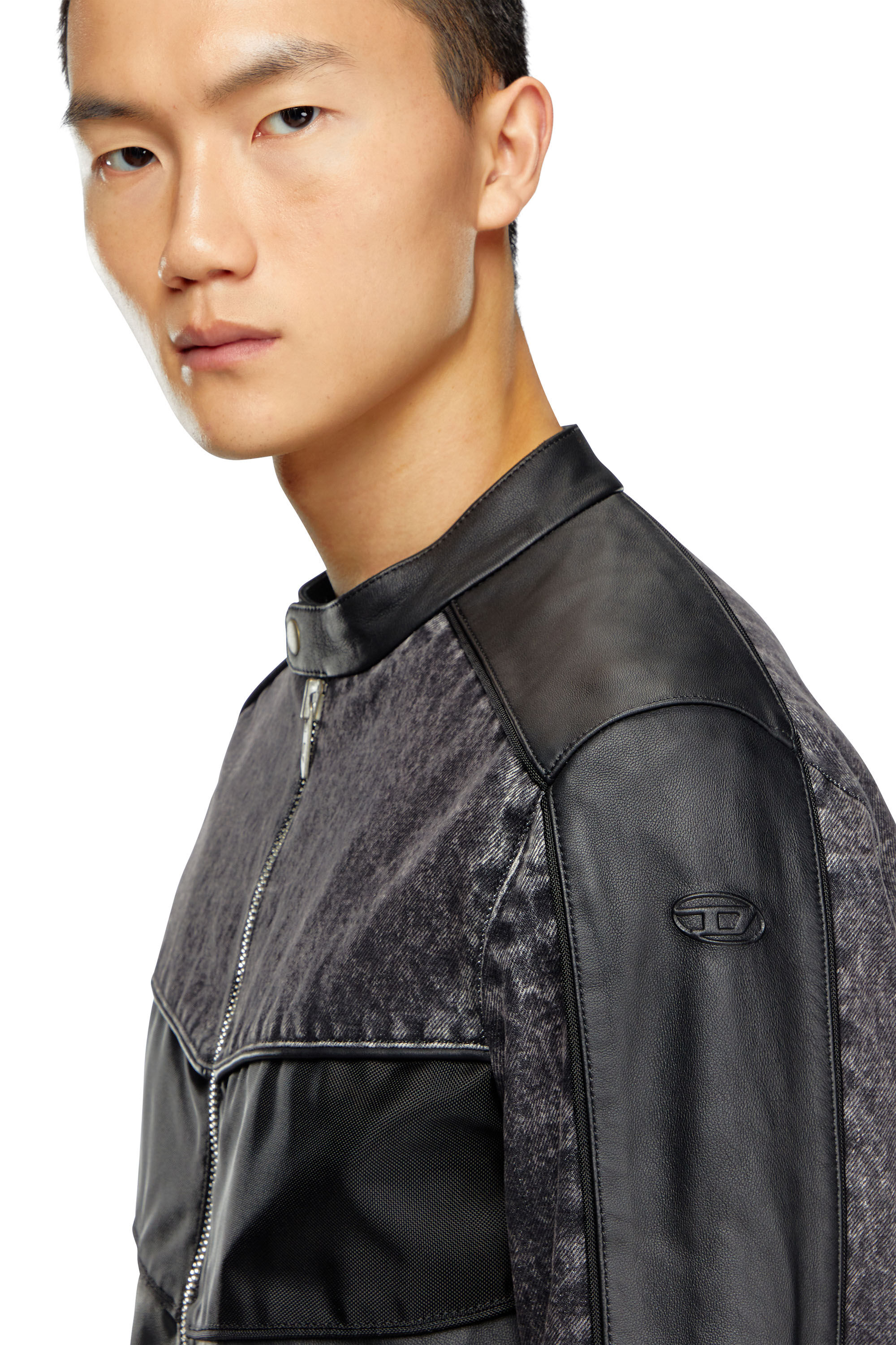 Giacca in pelle con inserti in denim e tessuto Uomo Nero Diesel