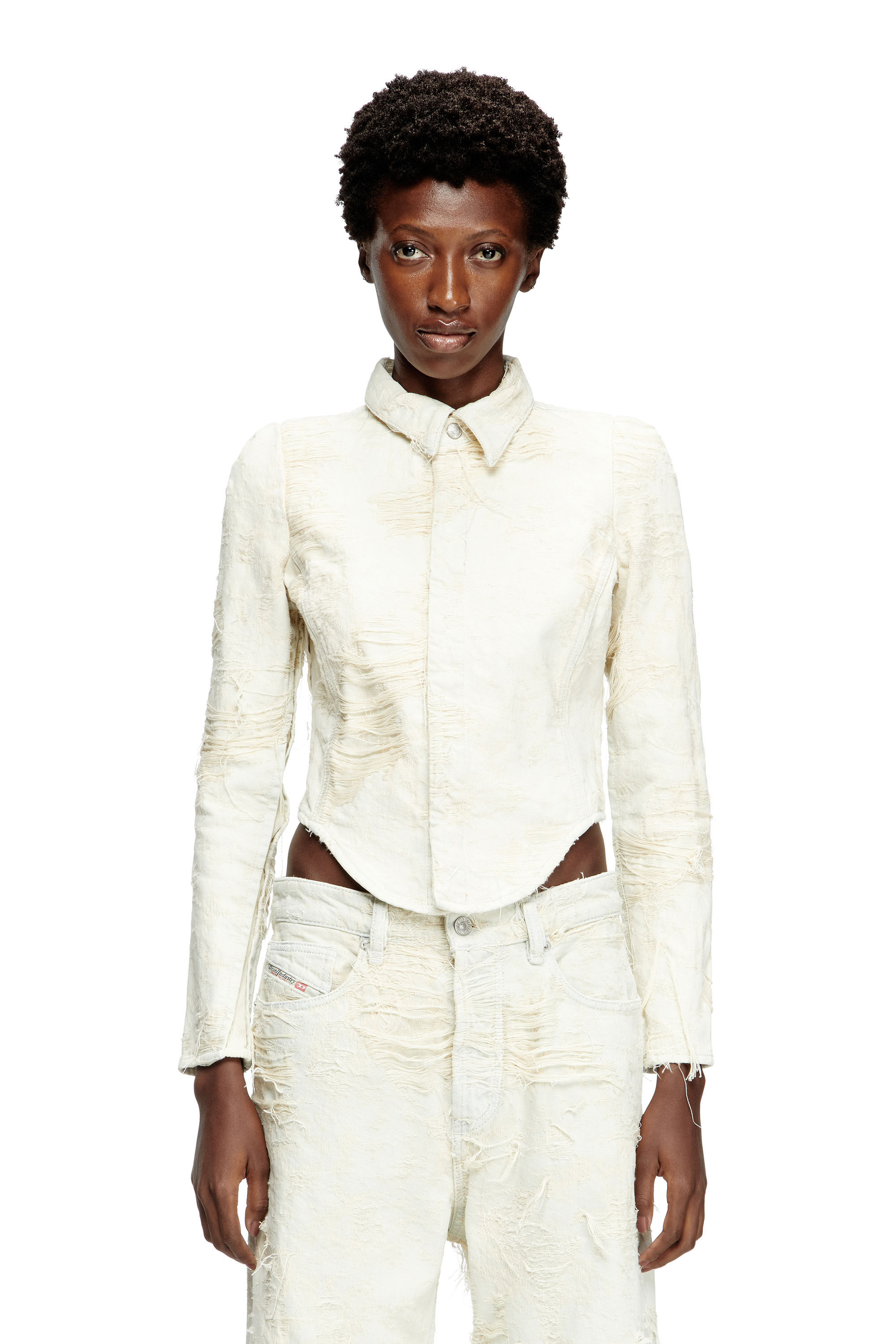 Diesel - DE-MADELINE-FSG, Camicia in denim jacquard con fili fluttuanti Donna in Bianco - 3