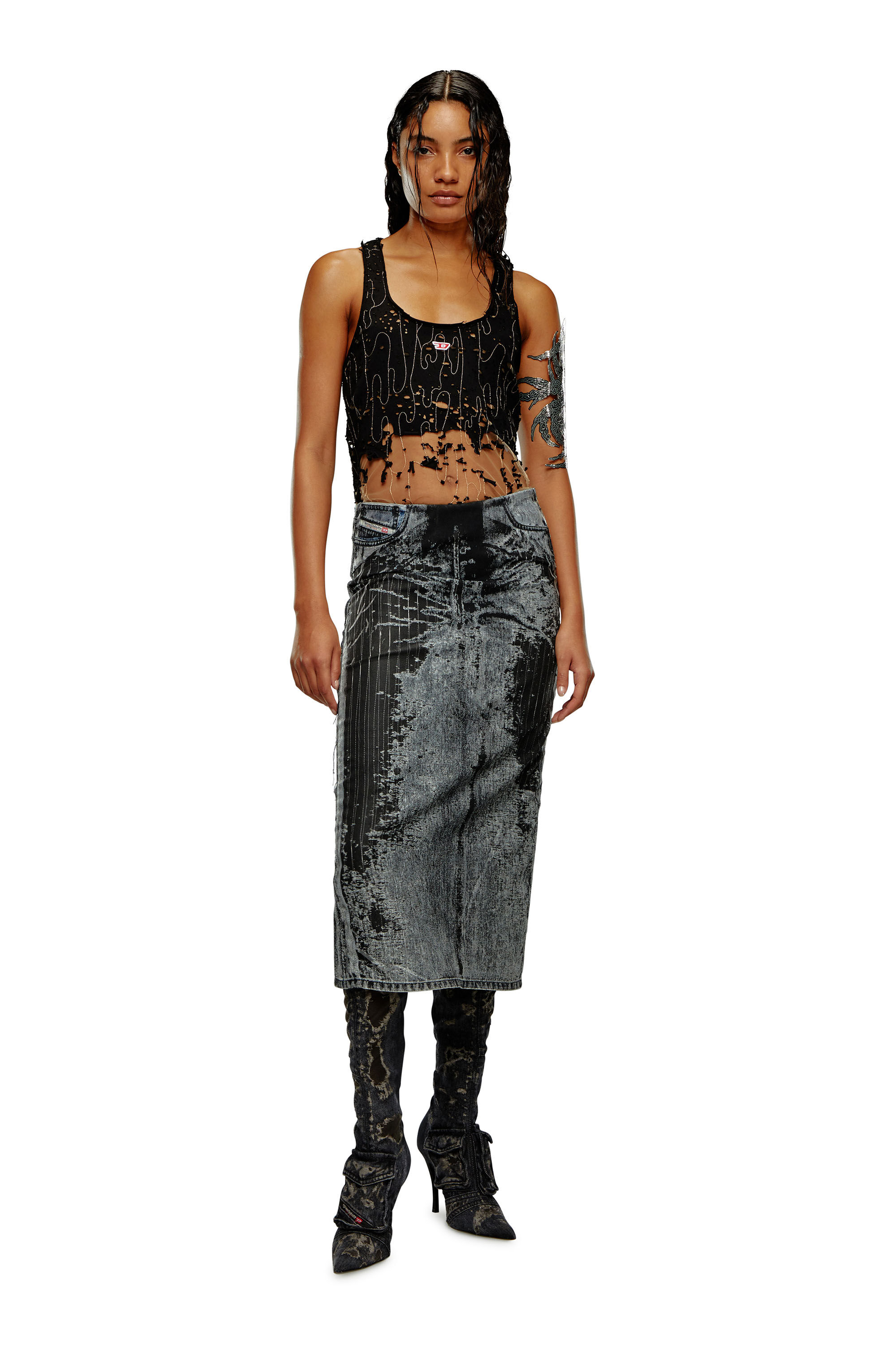 Diesel - T-BILS-DEV, Woman's Tulle tank top with destroyed jersey in Black - 1