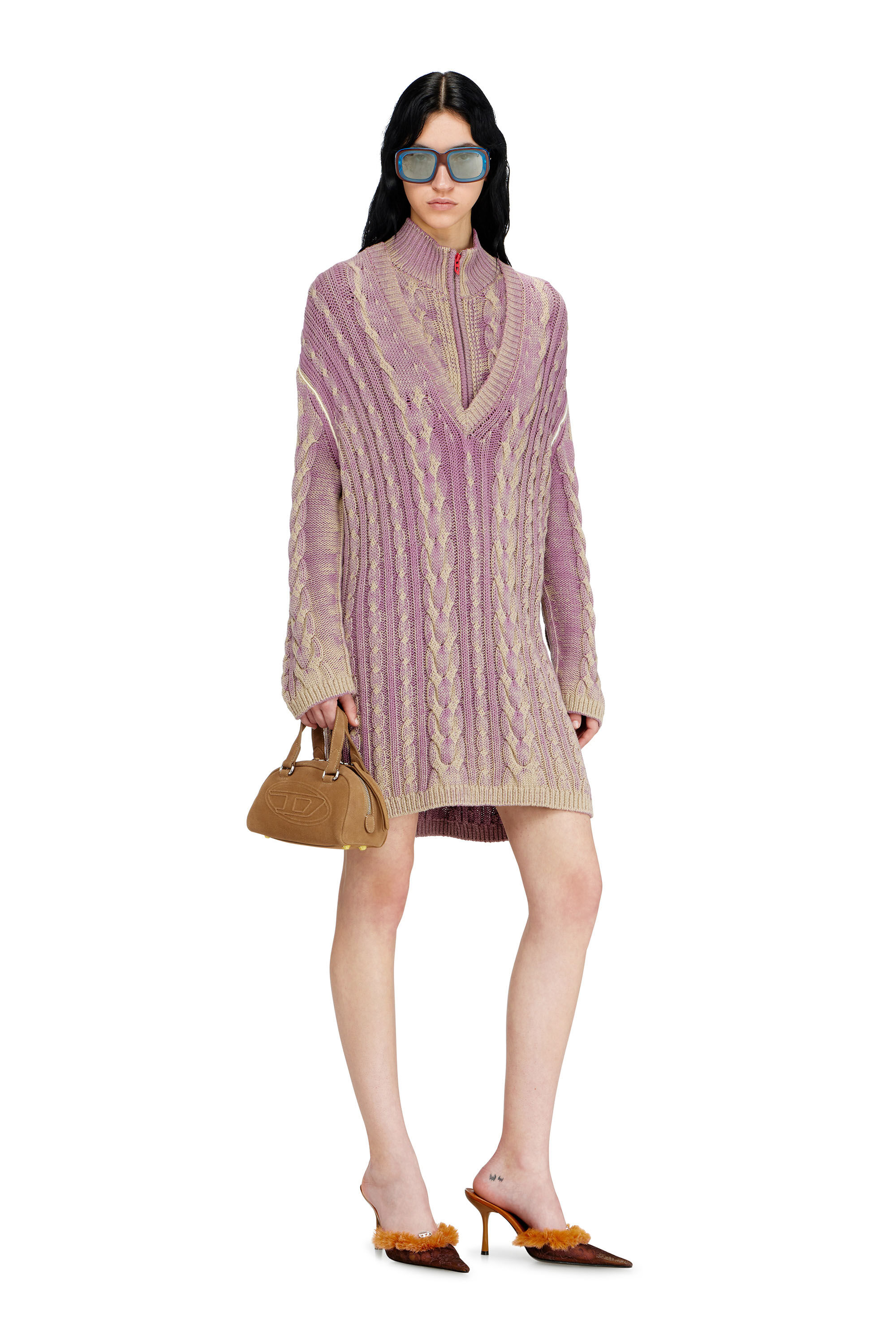 Diesel - M-ELGA, Woman's Short sweater dress in cable knit in Lilac - 1