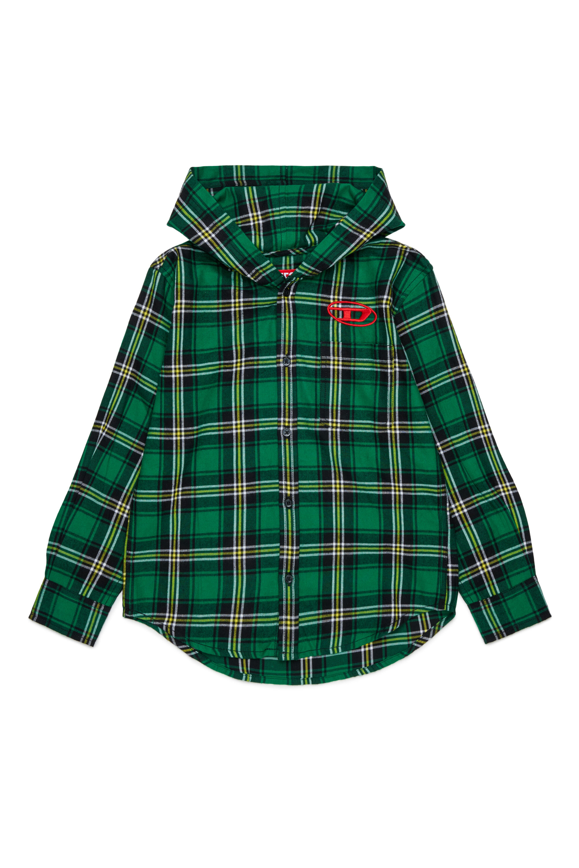 Diesel - CHECK OVER, Camicia con cappuccio a quadri con ricamo Oval D Uomo in Verde - 1