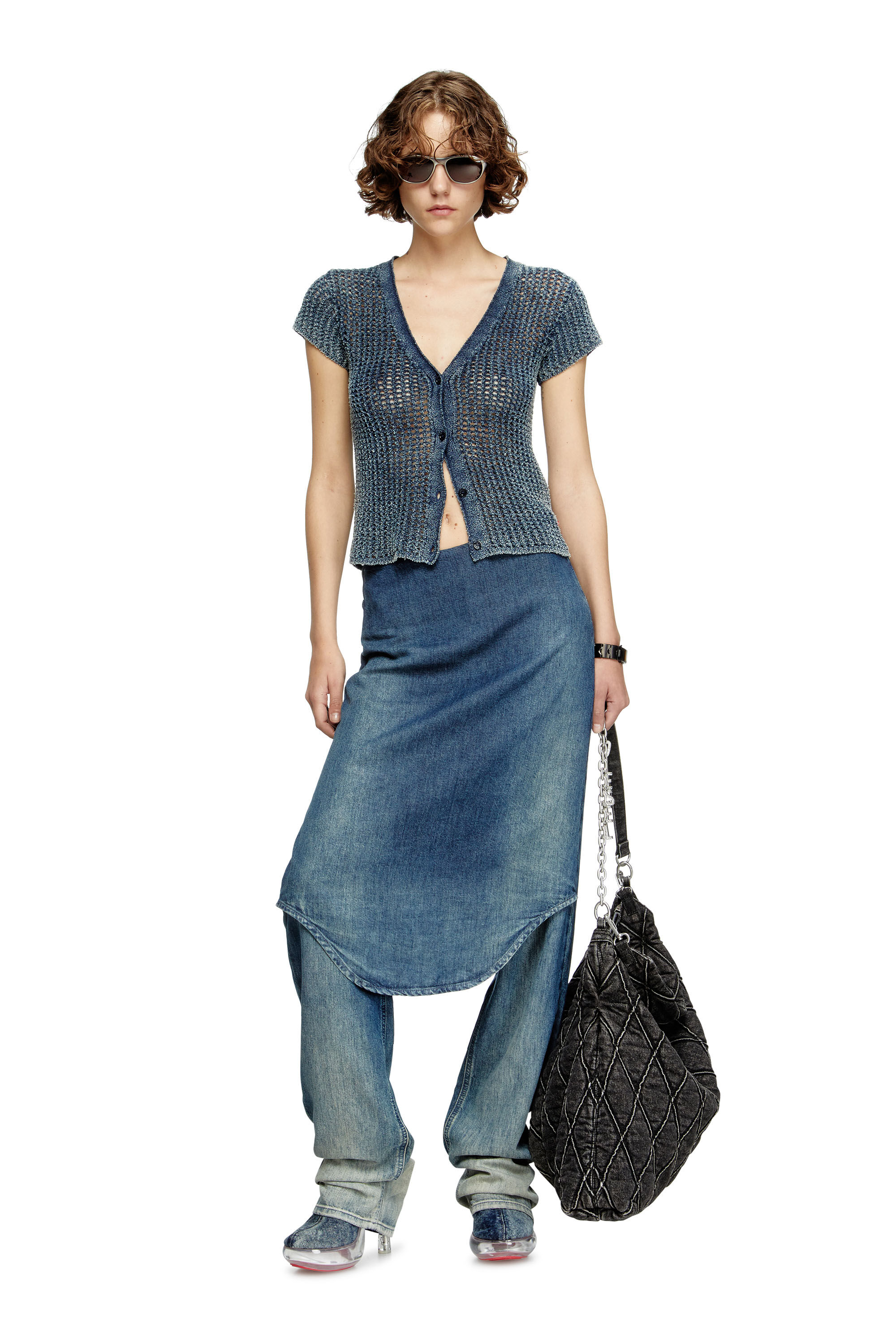 Diesel - M-REZ, Cardigan a maniche corte traforato in denim Donna in Blu - 1