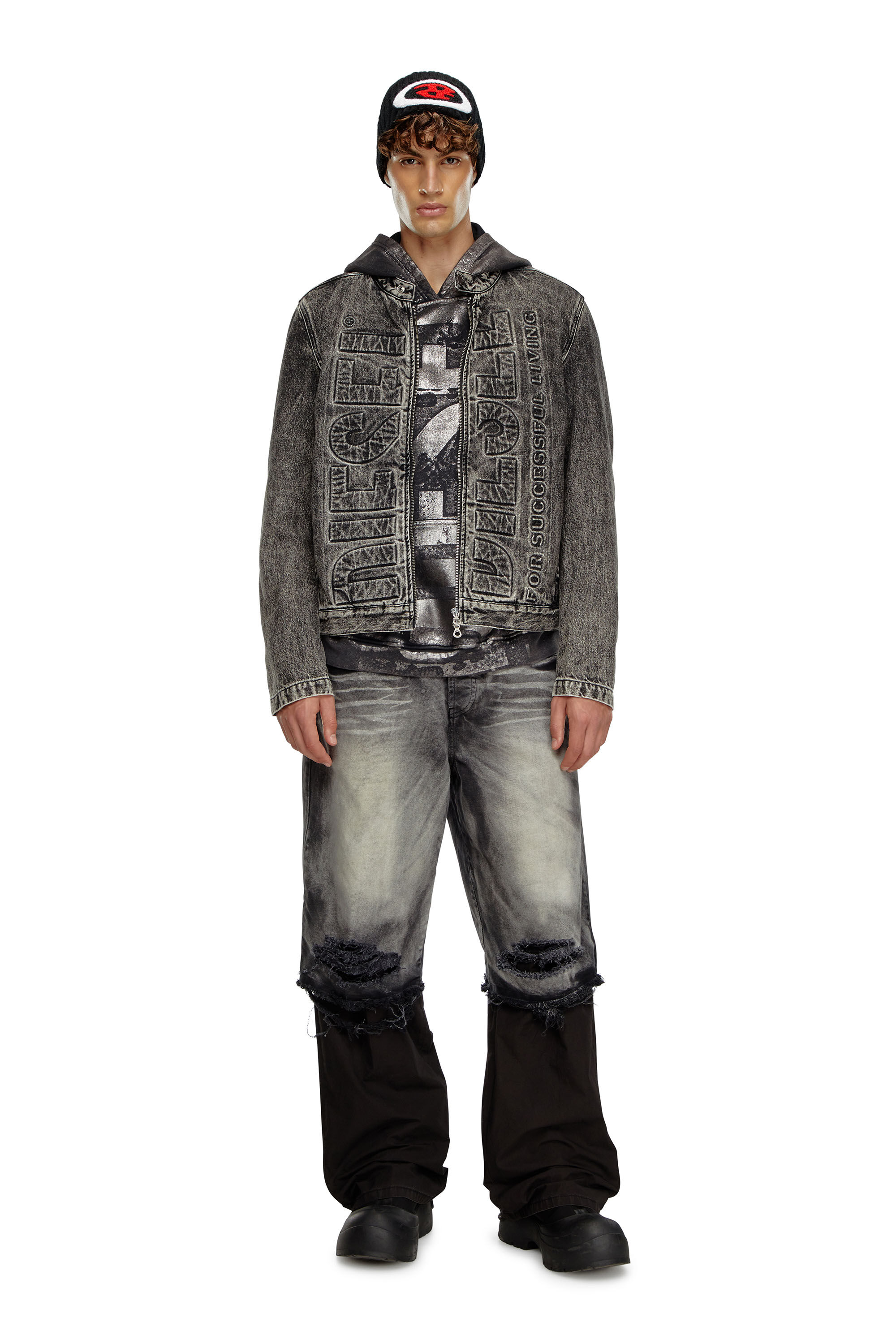 Giacca stile moto in denim con logo a rilievo Uomo Nero Diesel