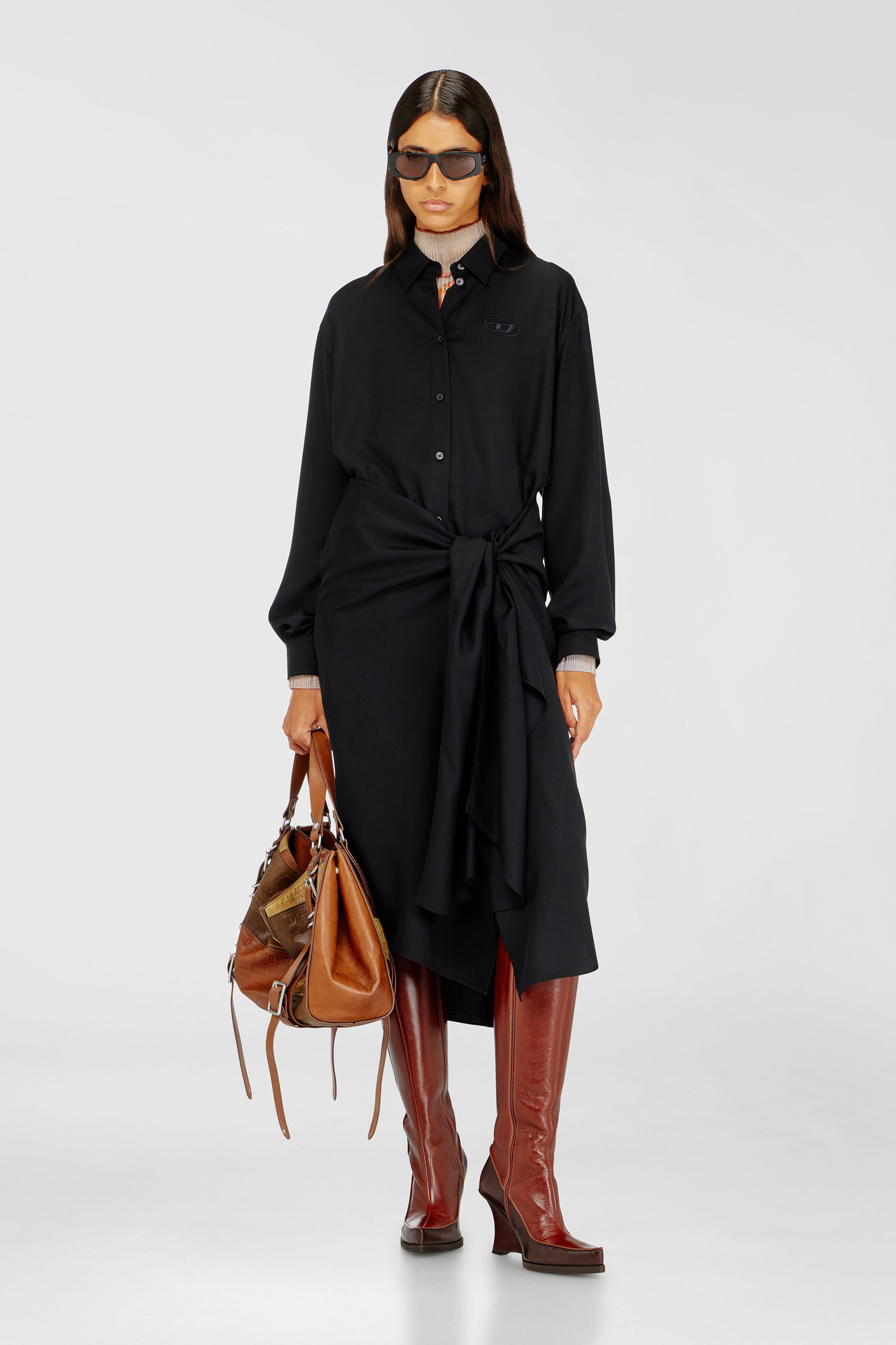 Diesel - D-ILETTA-S1, Abito a camicia midi con dettagli intrecciato Donna in Nero - 1