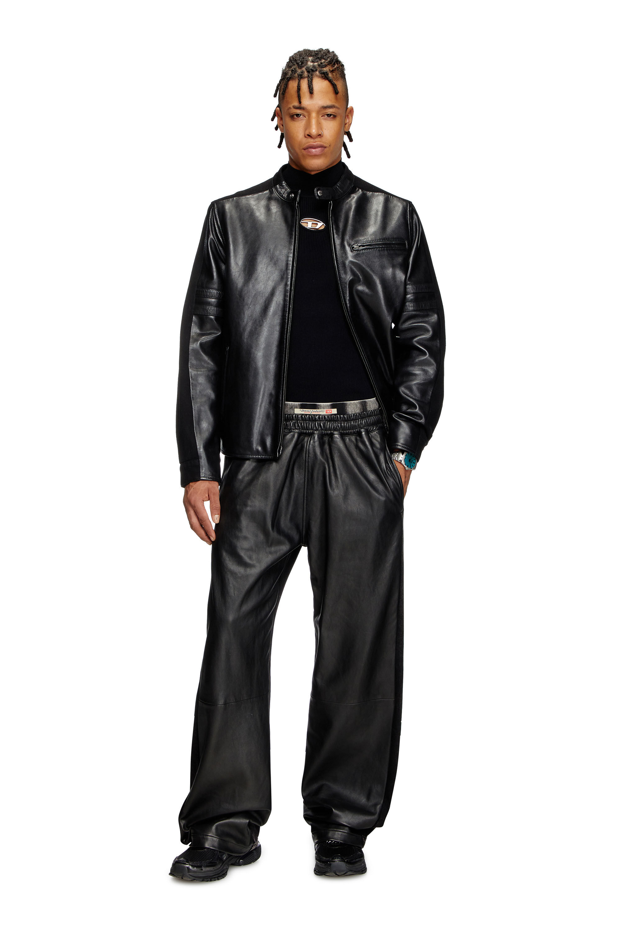 Diesel - L-SIMZ, Giacca ibrida in denim e pelle Uomo in Nero - 1