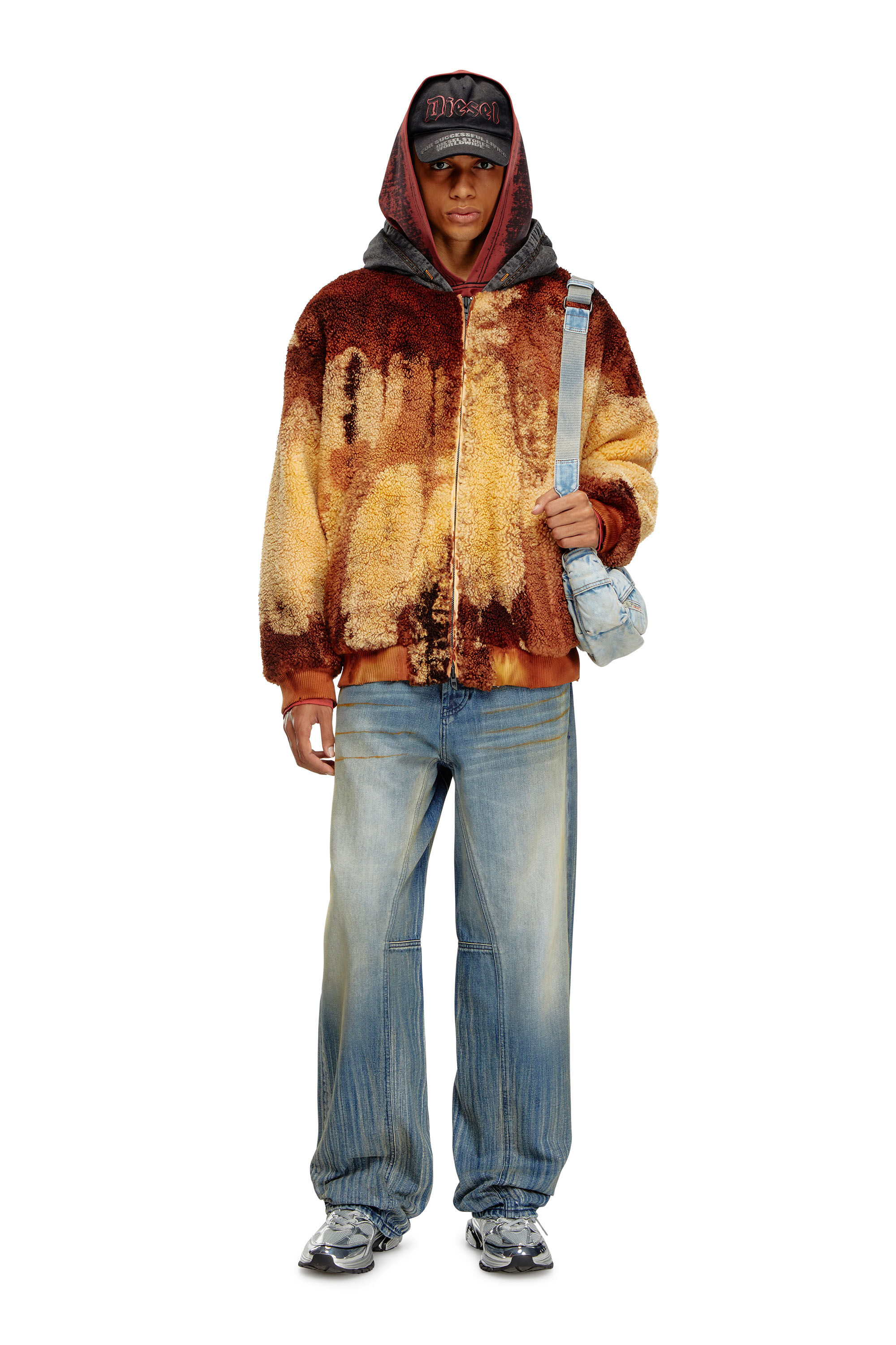 Diesel - S-DEPLA, Man Tie-dyed teddy jacket with denim hood in Multicolor - Image 1