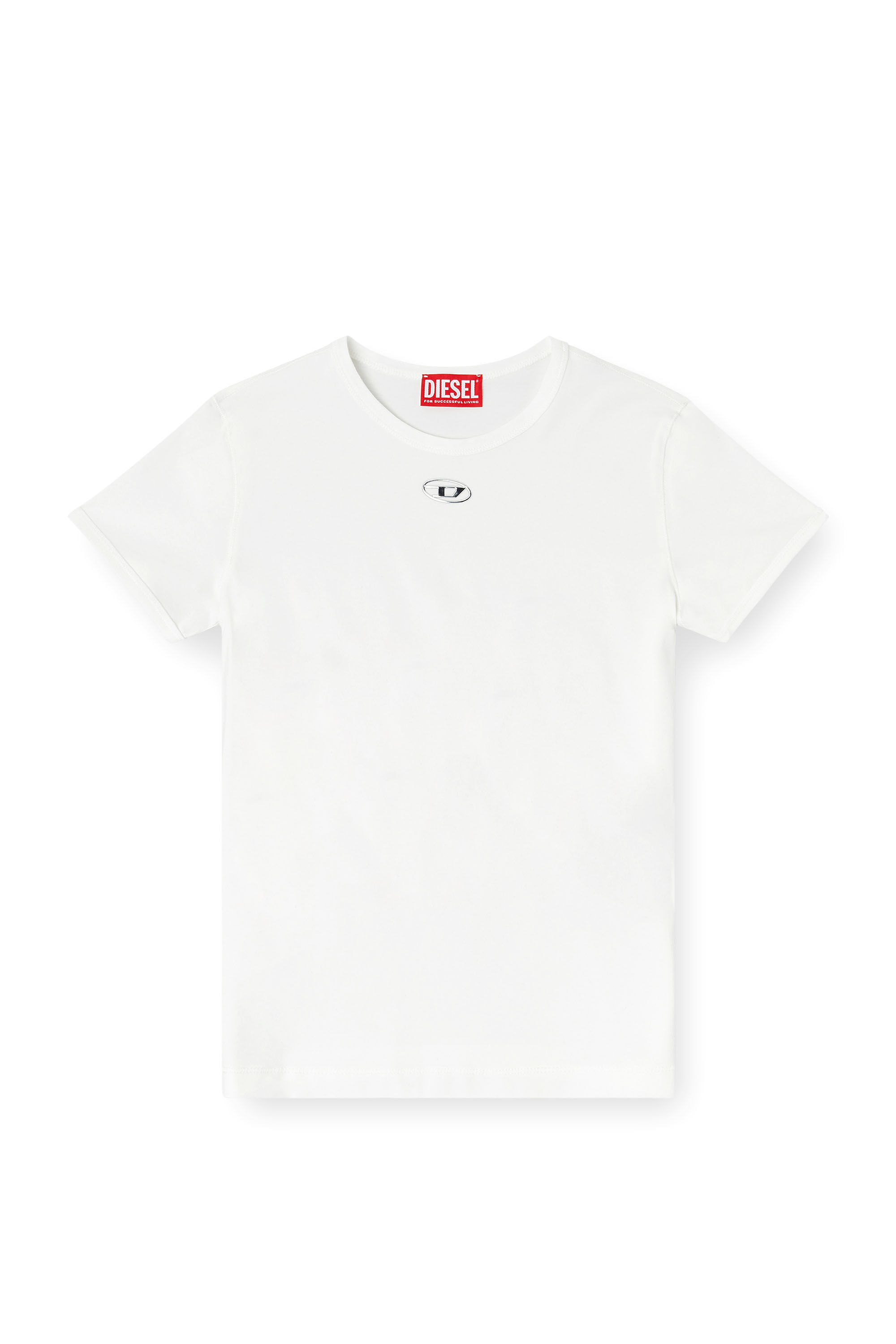 Diesel - T-UNCUTIESLONG-OD, T-shirt slim con Oval D metallico Donna in Bianco - 2