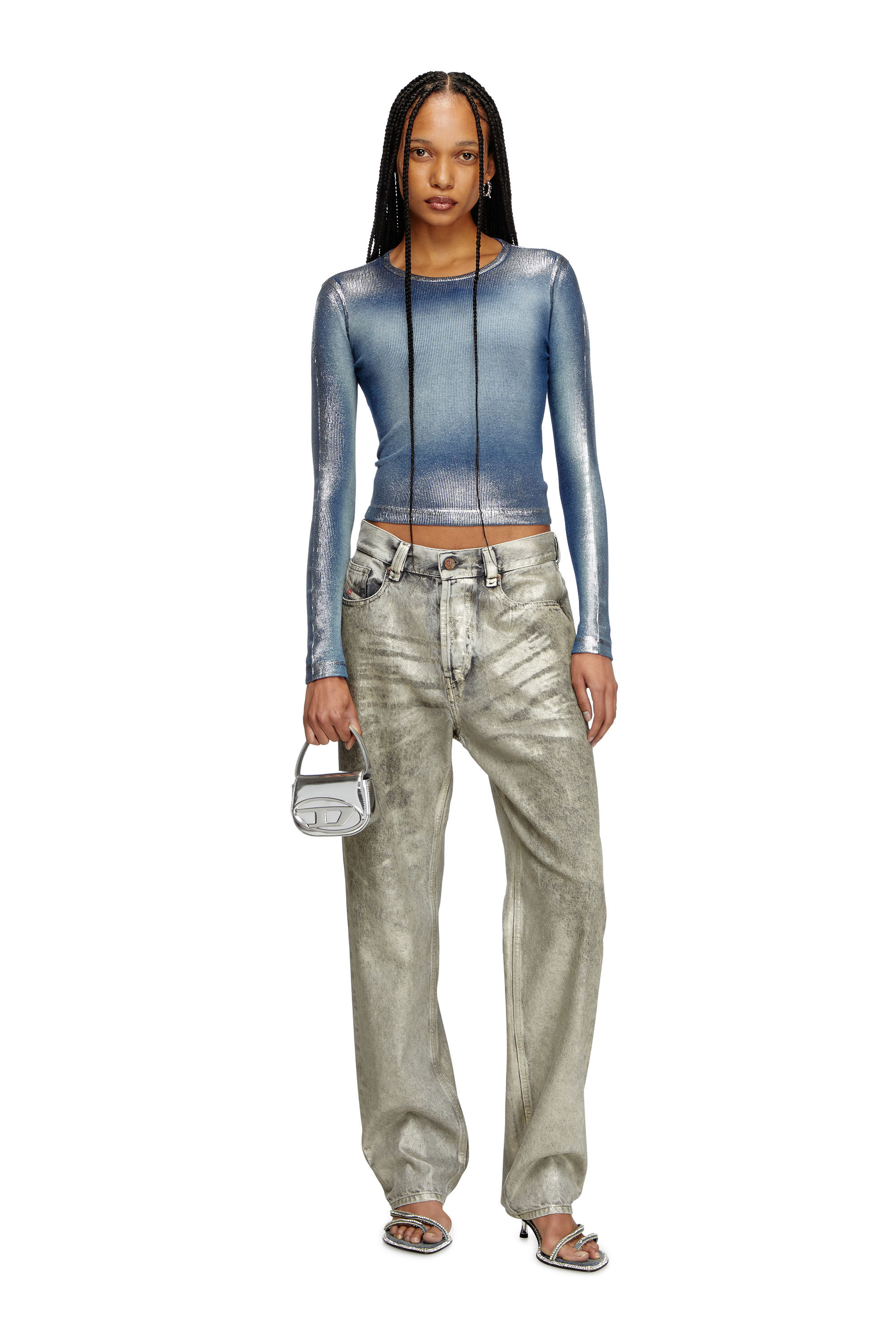 Diesel - T-BANES-NC-Q1, T-shirt a maniche lunghe con sfumature metalliche Donna in Blu - 1
