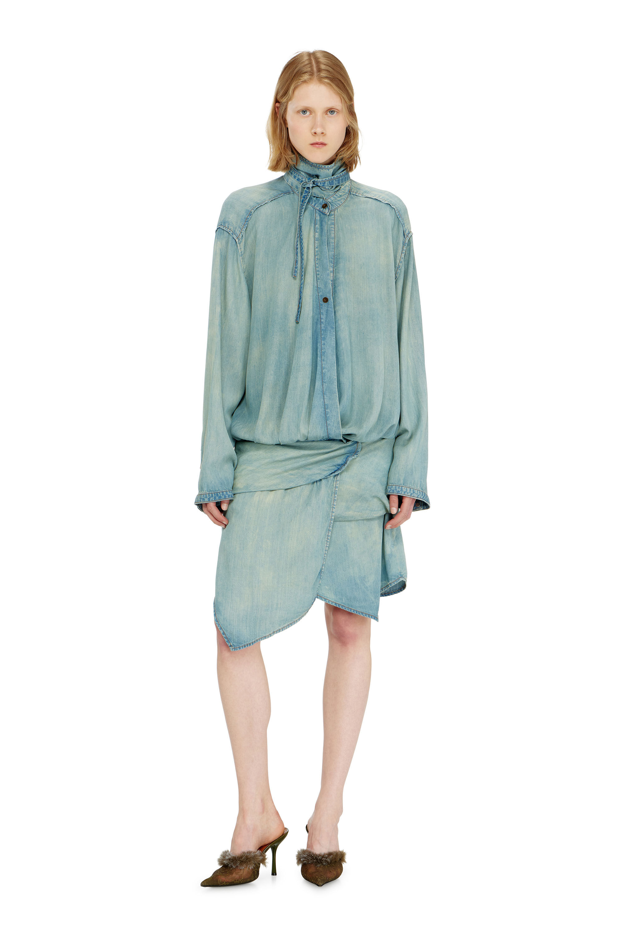 Diesel - DE-TILORA-S, Camicia abito in denim oversize drappeggiata Donna in ToBeDefined - 3