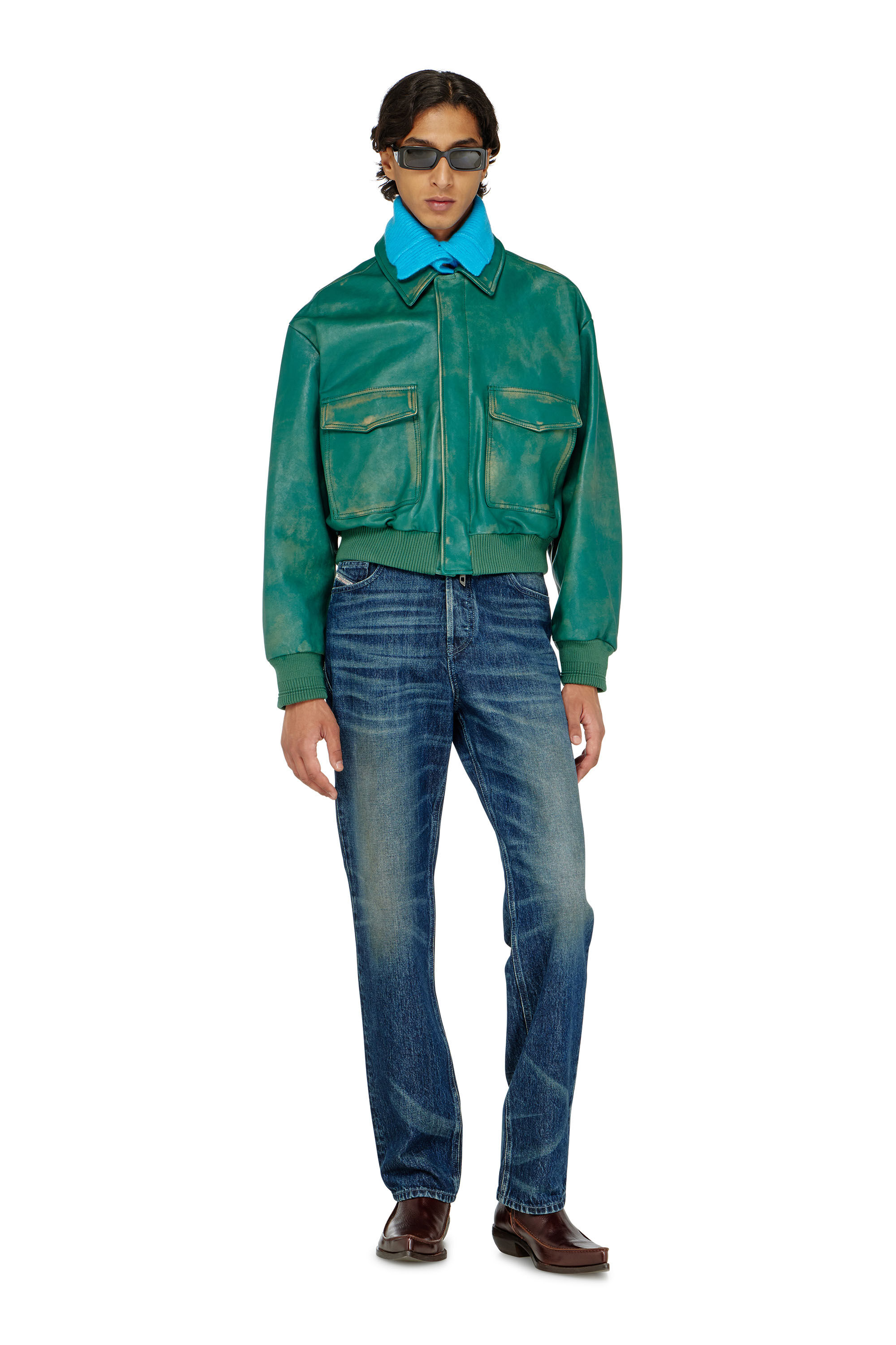 Diesel - L-UMAN, Giacca aviator in pelle lavorata Uomo in Verde - 1