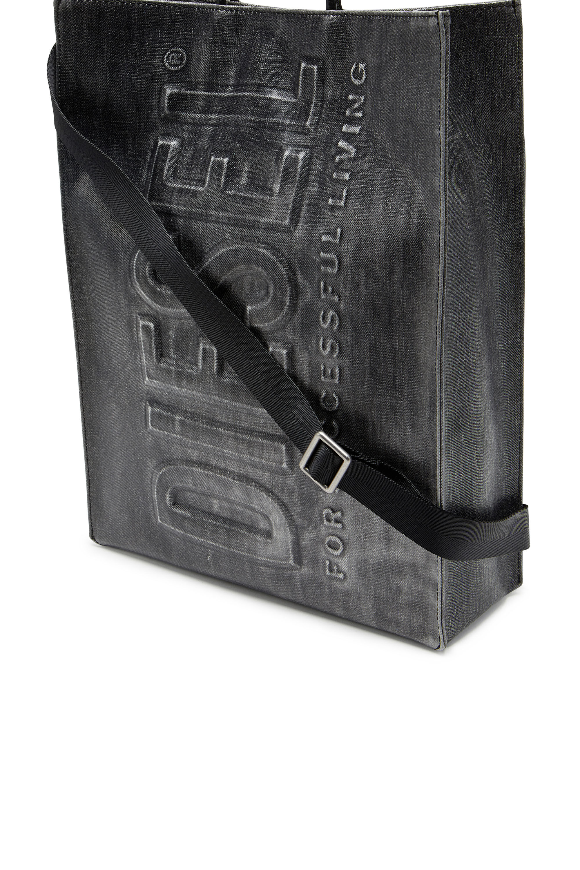 Men s Dsl 3D L Large tote bag in coated solarised denim Black Diesel