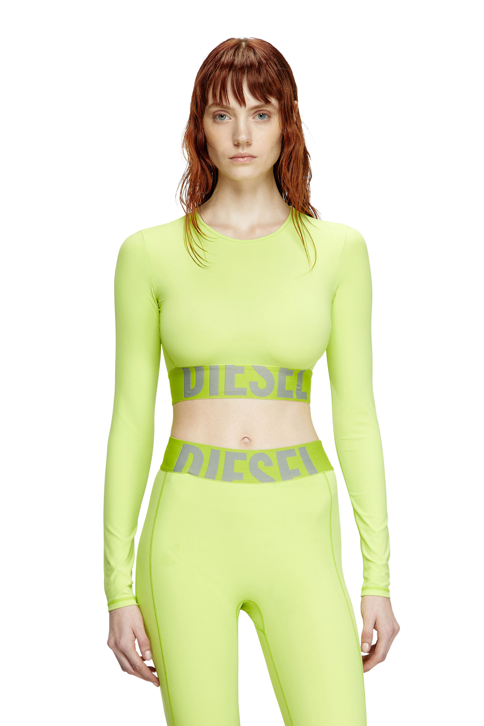 Diesel - MELISSA-D-POP, Crop top in microfibra con logo tagliato Donna in Verde - 3