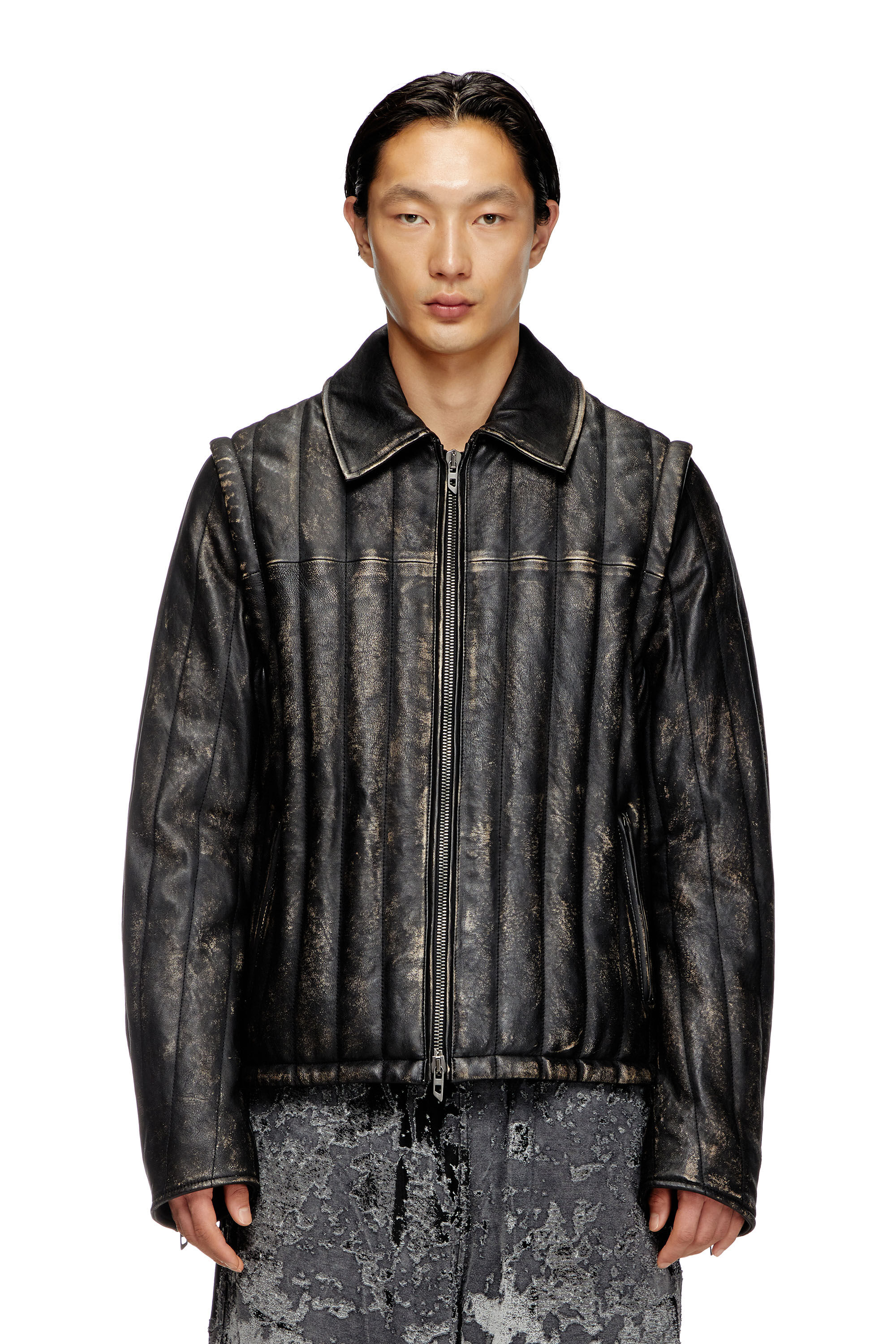 Diesel - L-ALBERT, Giacca-gilet in pelle distressed imbottita Uomo in Nero - 3