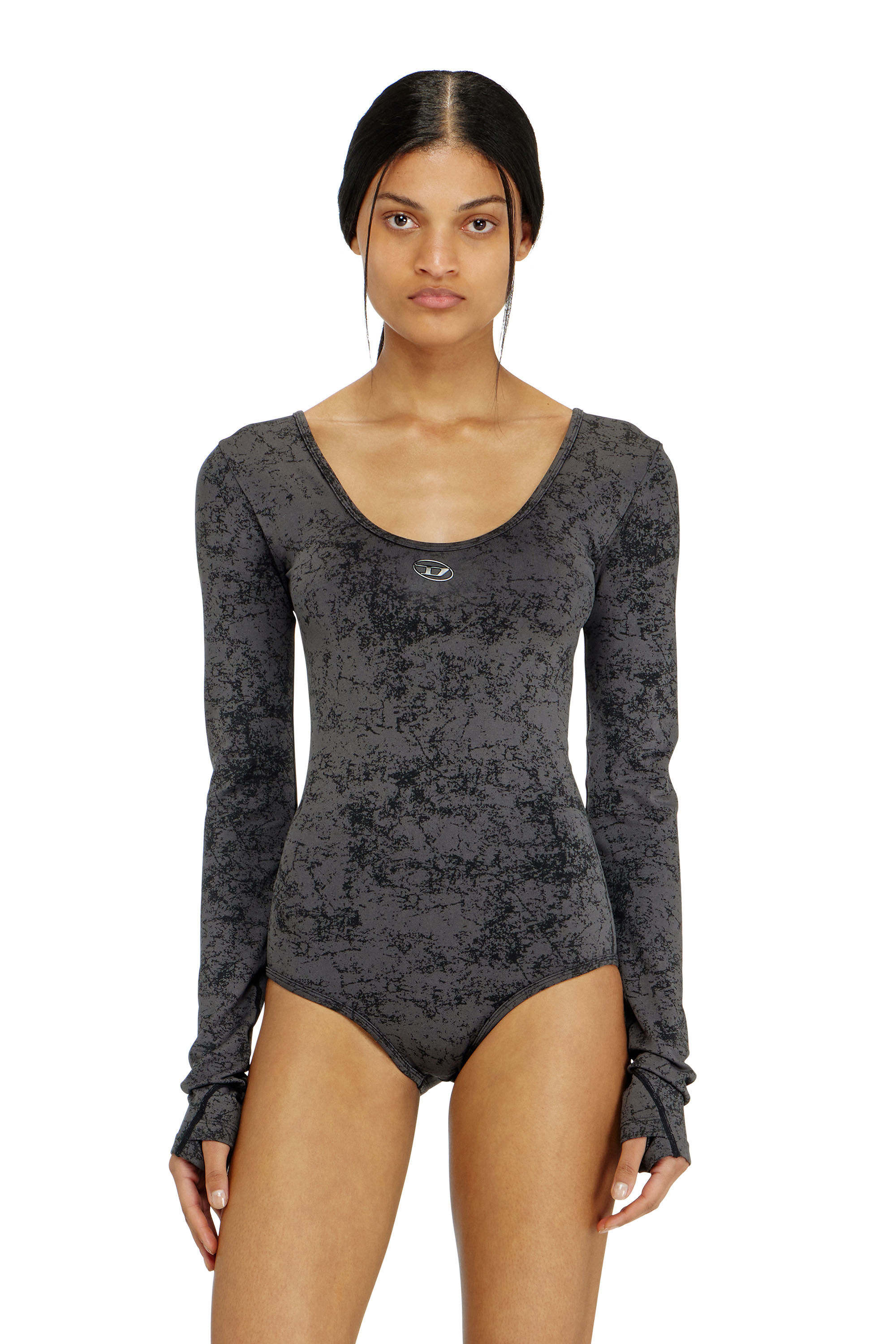 Diesel - IONNA-UTLT, Woman's Open-back bodysuit with utilitarian print in Black - 2