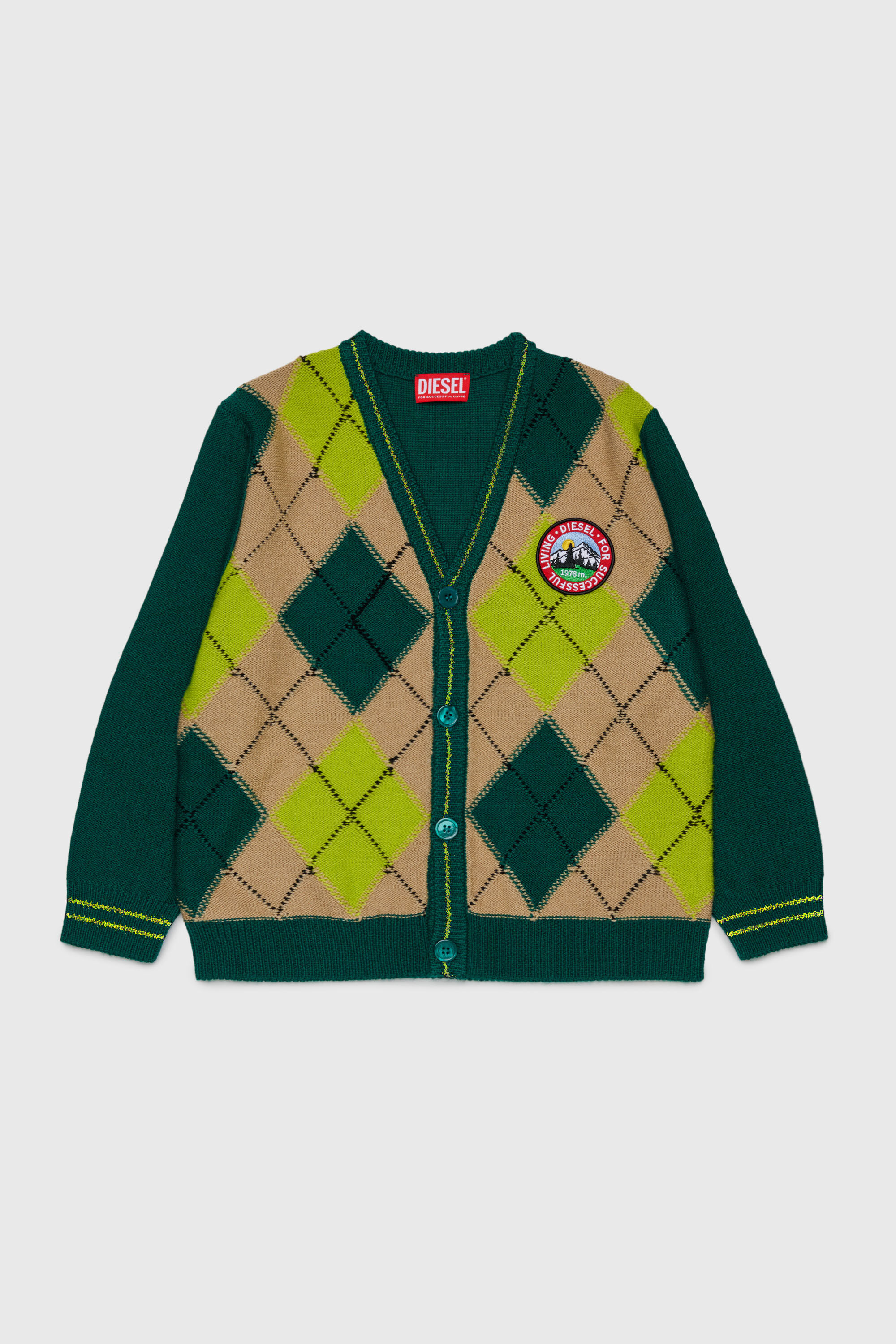 Diesel - KROMYCARDIGAN OVER, Cardigan in misto lana con motivo argyle Unisex in Verde - 1