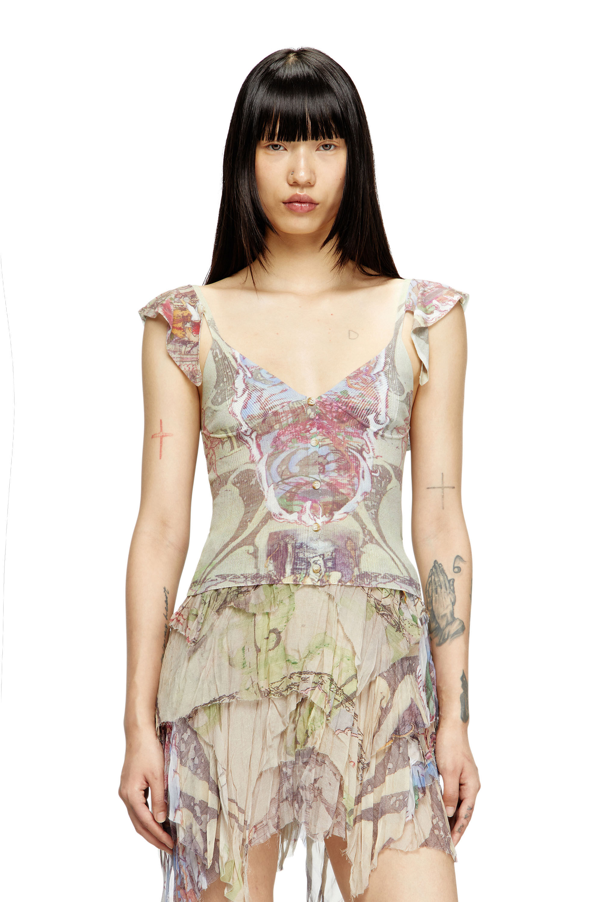 Diesel - M-FIORE, Top in maglia con ruches e stampa medievale Donna in Marrone - 2