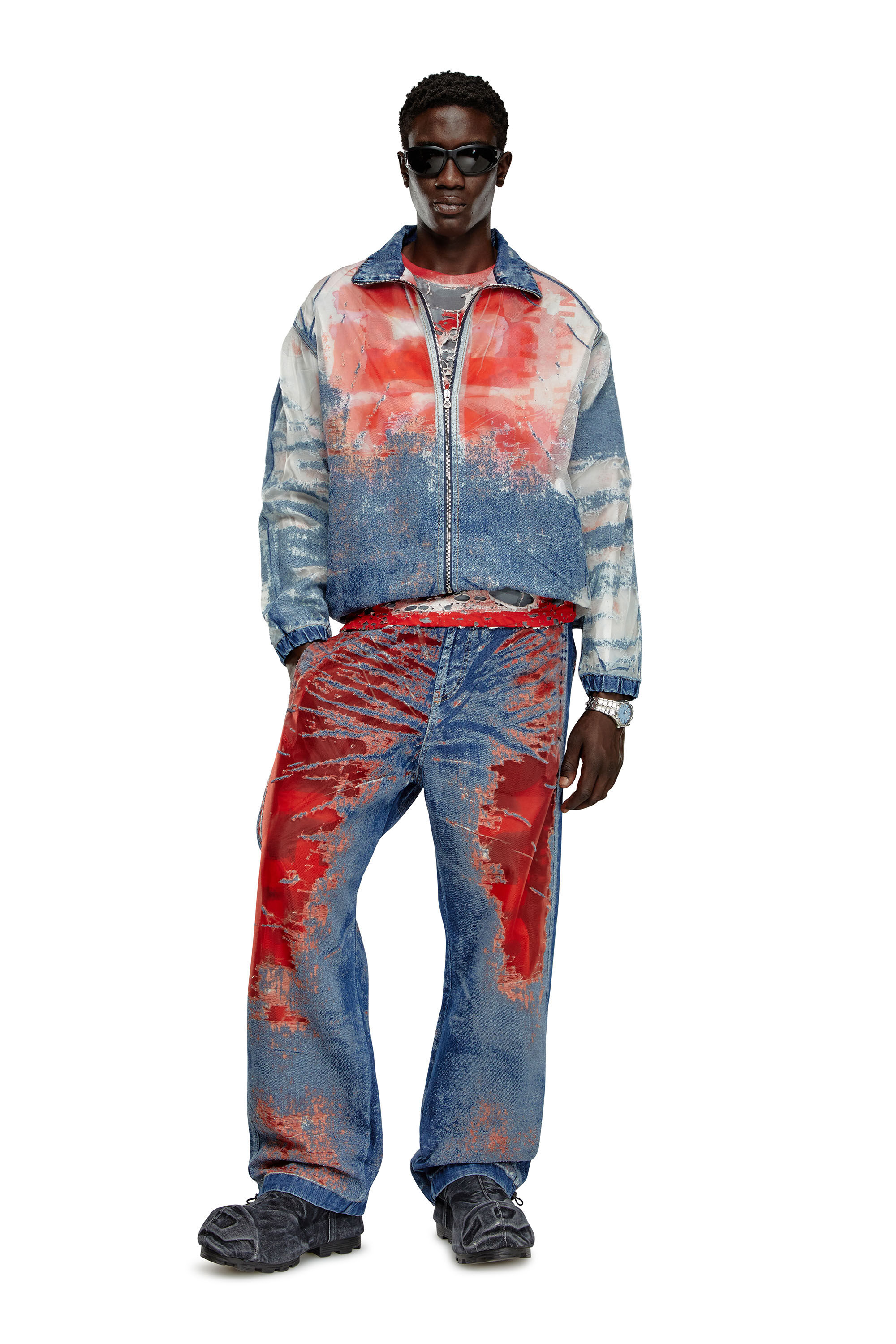 Diesel - D-KRAP-FSE, Giacca in denim dévoré con logo Uomo in Multicolor - 1