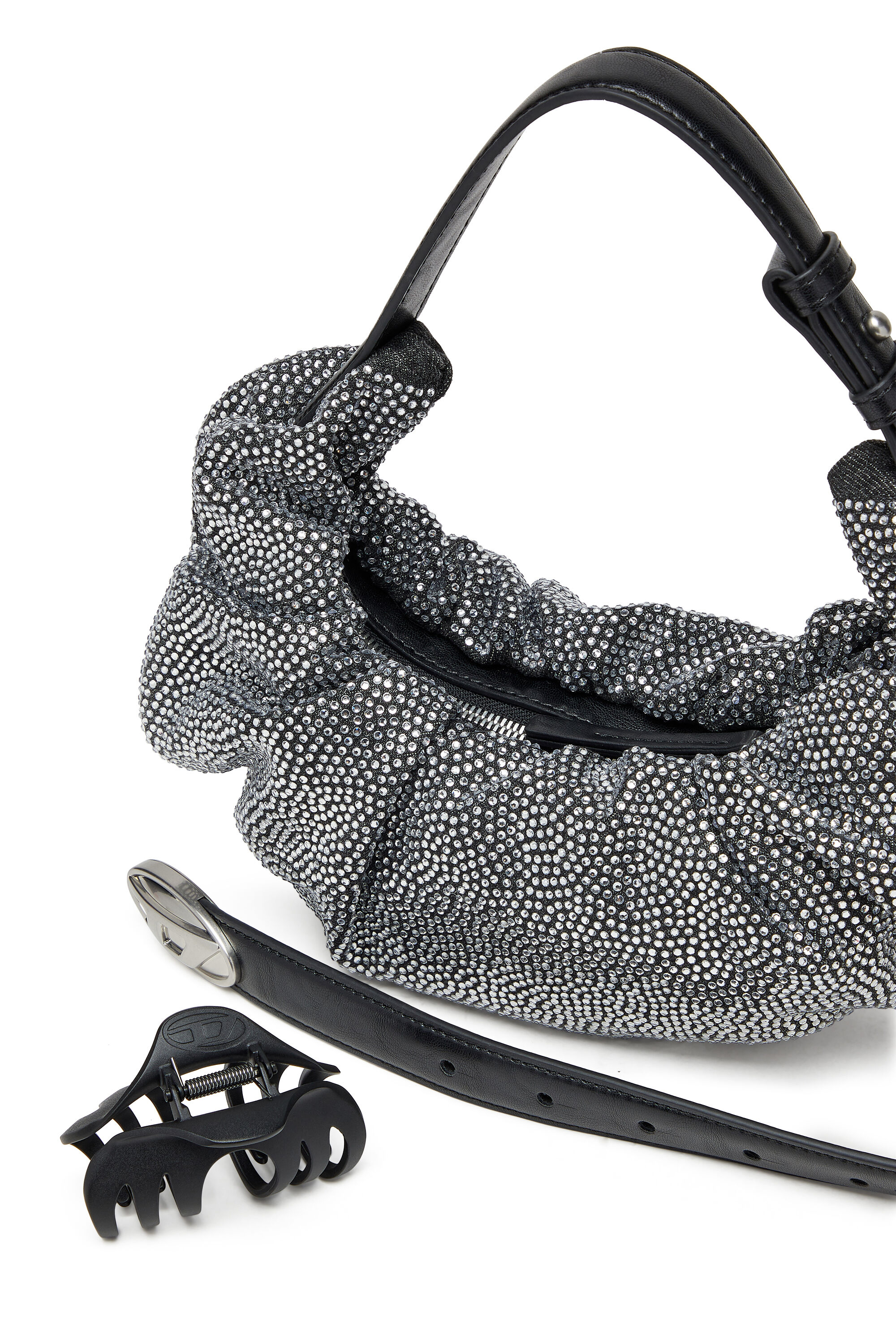 Diesel - GRAB-D HOBO S, Grab-D S-Borsa hobo piccola in denim scrunched con cristalli Donna in Nero - 5