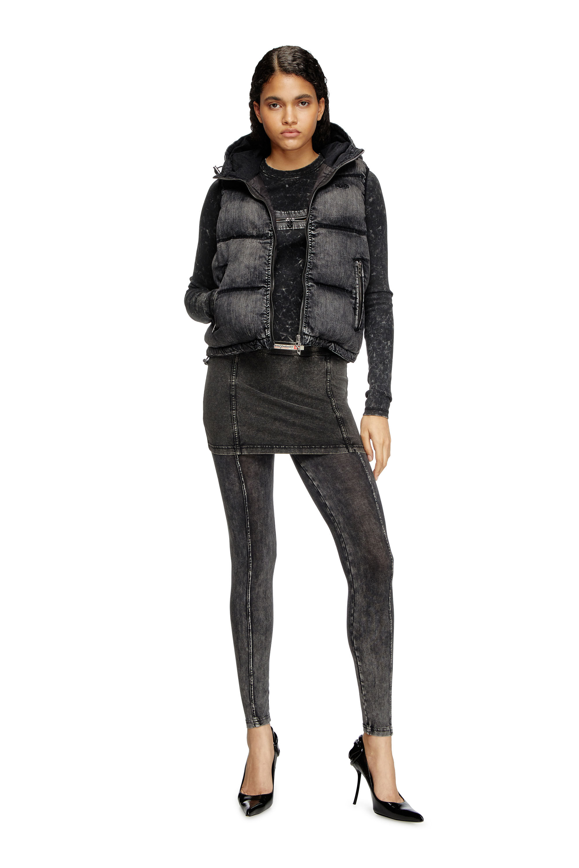 Diesel - W-HOPPER, Gilet in denim imbottito con cappuccio Donna in Nero - 1