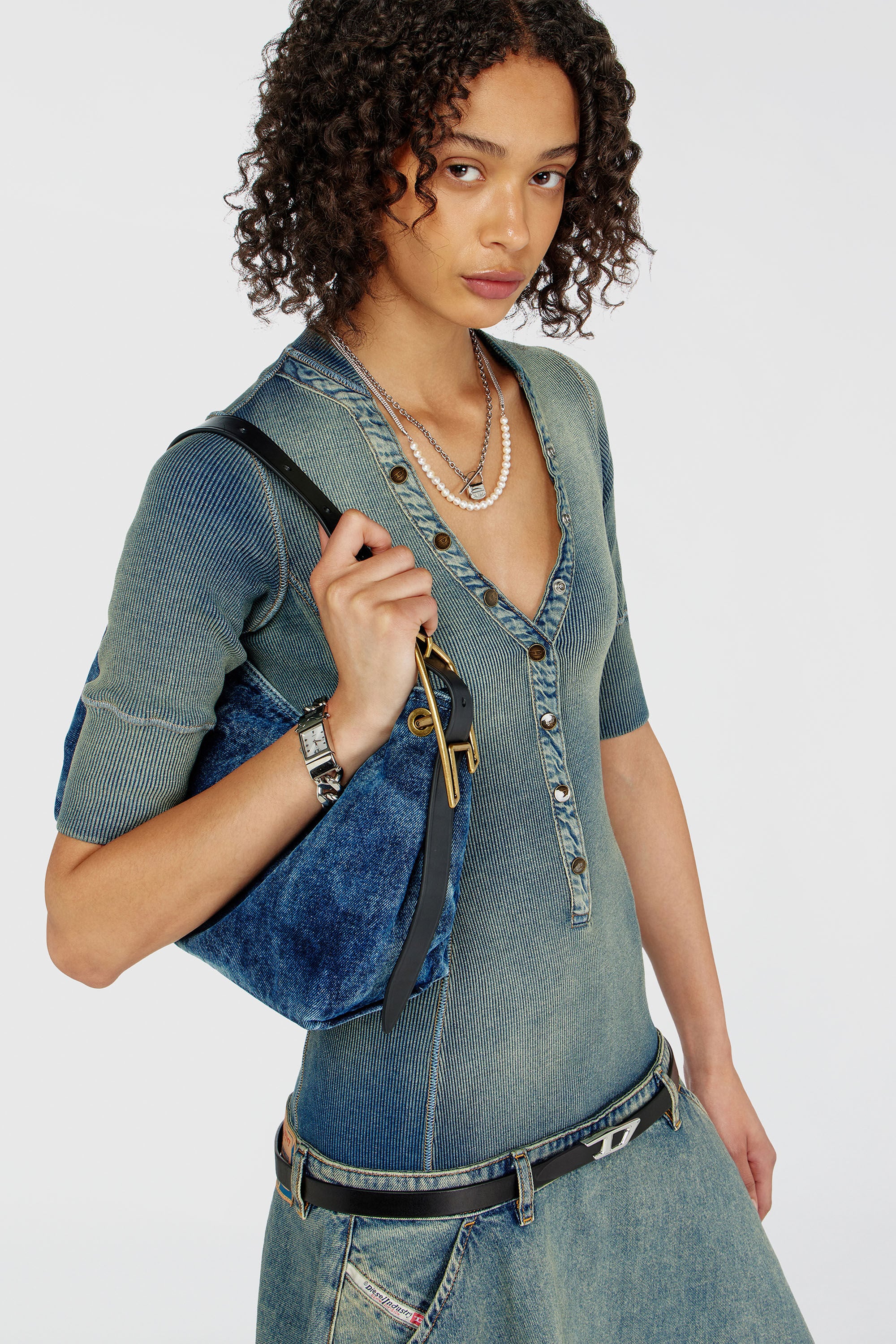 Diesel - DE-ANIM-S, Woman's Drop-waist midi dress in knit and denim in Medium blue - 5