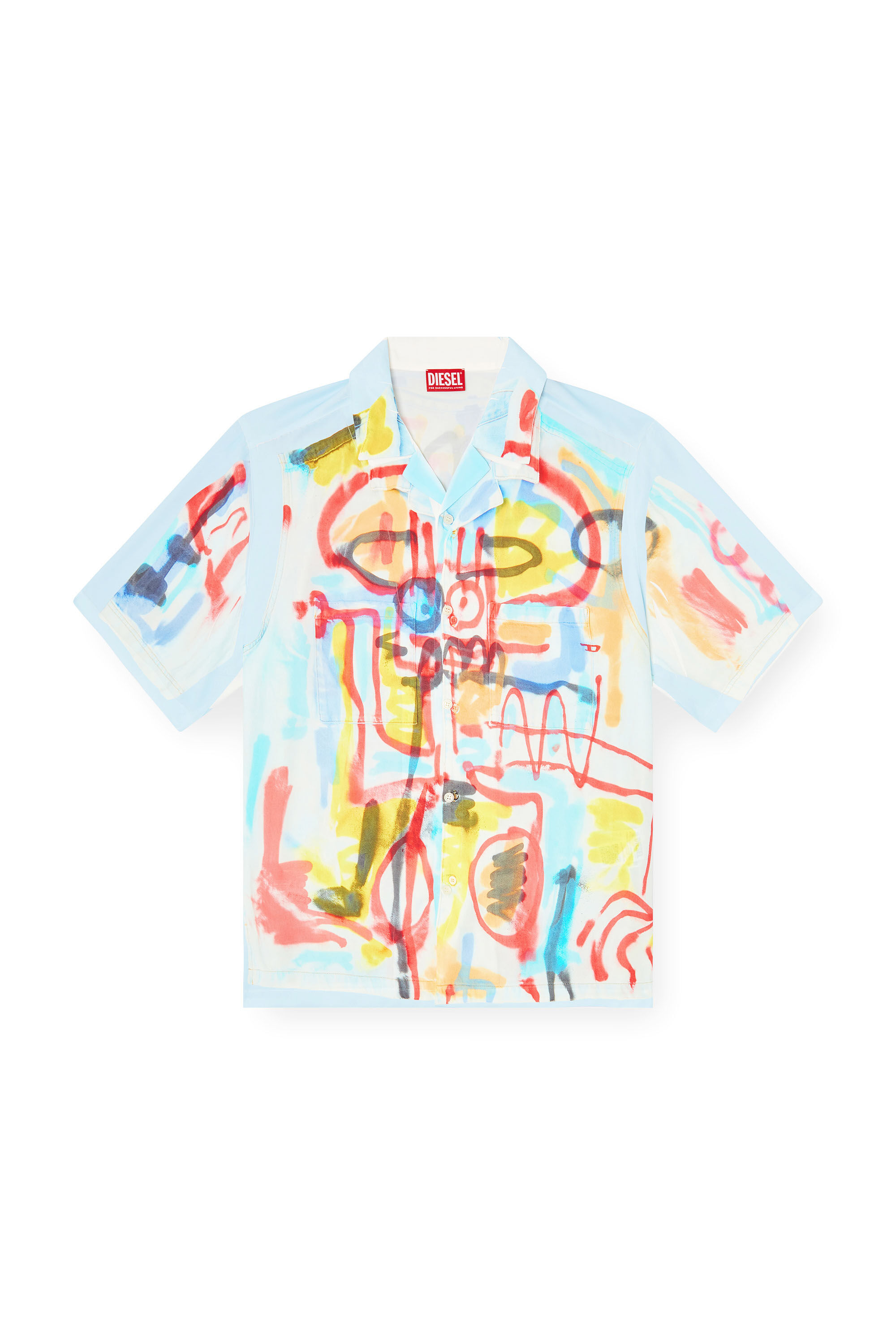 Diesel - C-PAROSHORT-GRAFFITI-AFR, Camicia bowling in raso con stampa graffiti Unisex in Blu - 2