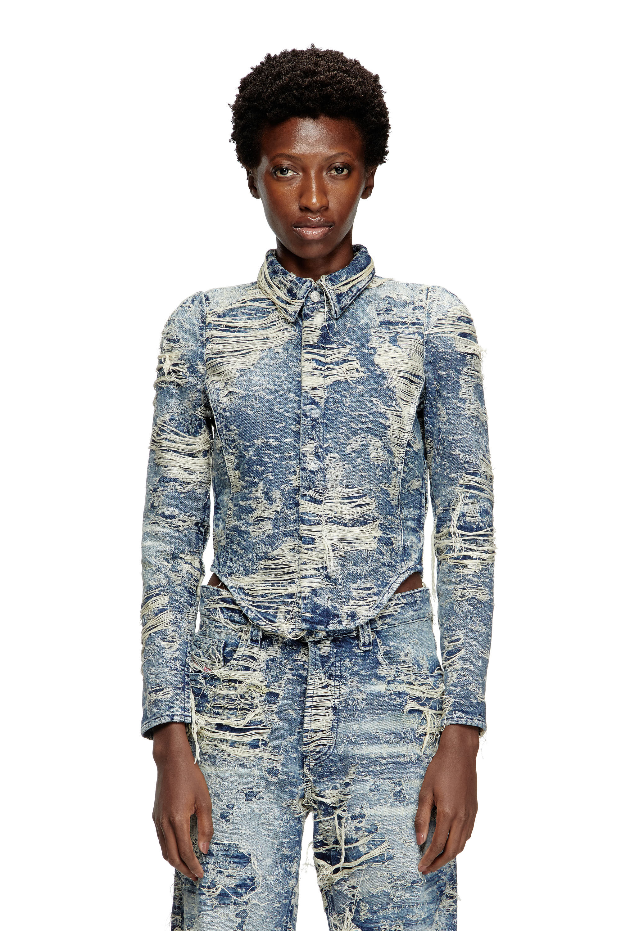 Diesel - DE-MADELINE-FSG, Camicia in denim jacquard con fili fluttuanti Donna in Blu - 3
