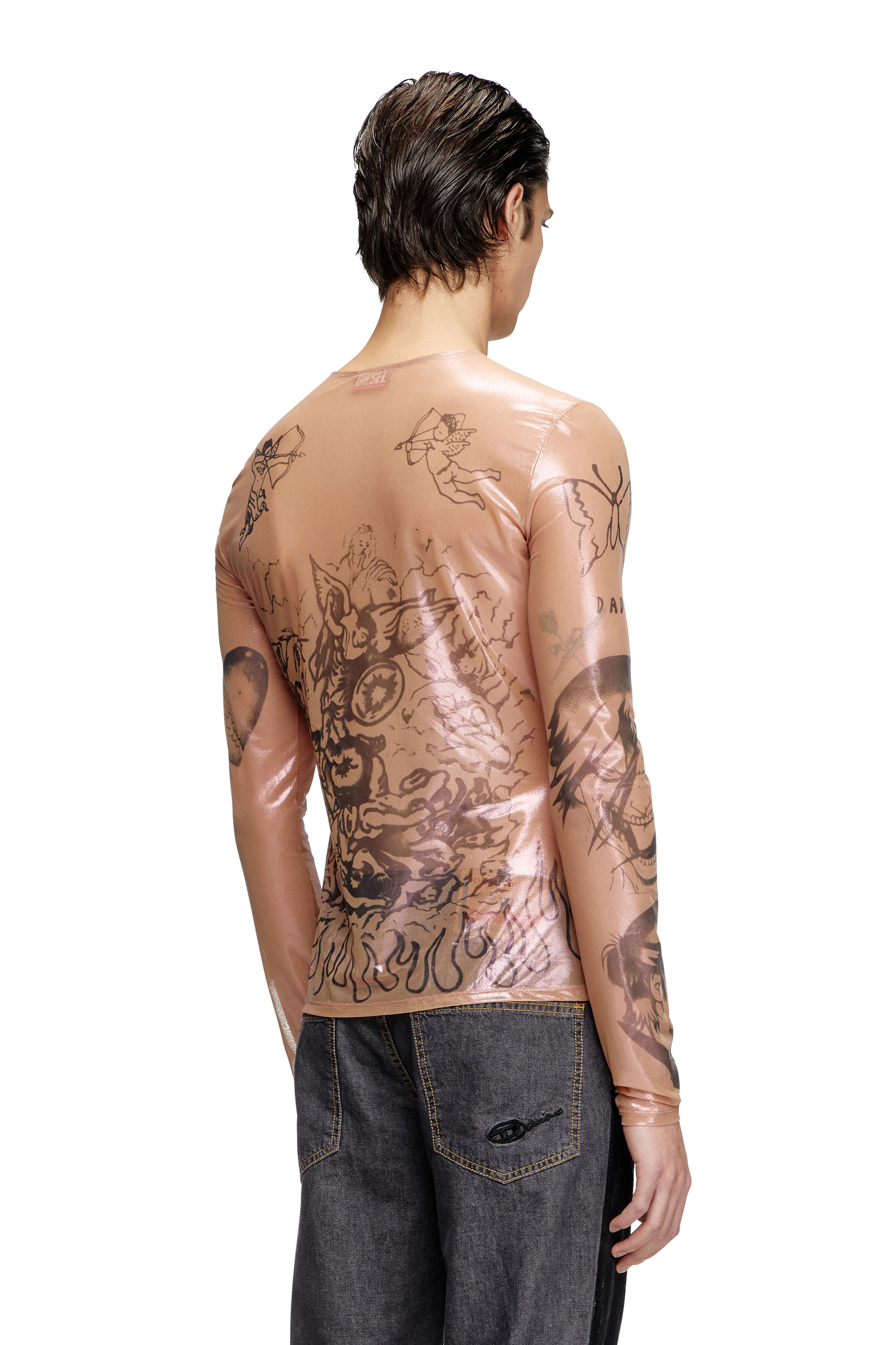 Diesel - T-CLAUDE-DD, Top in tulle stretch effetto tattoo Unisex in Rosa - 4