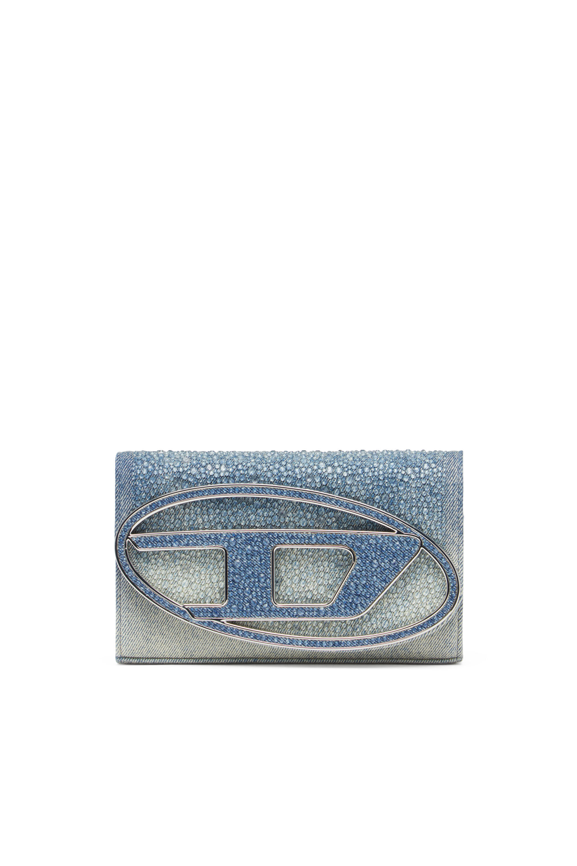 Diesel - 1DR WALLET STRAP, Pouch portafoglio in denim con cristalli Donna in Blu - 1