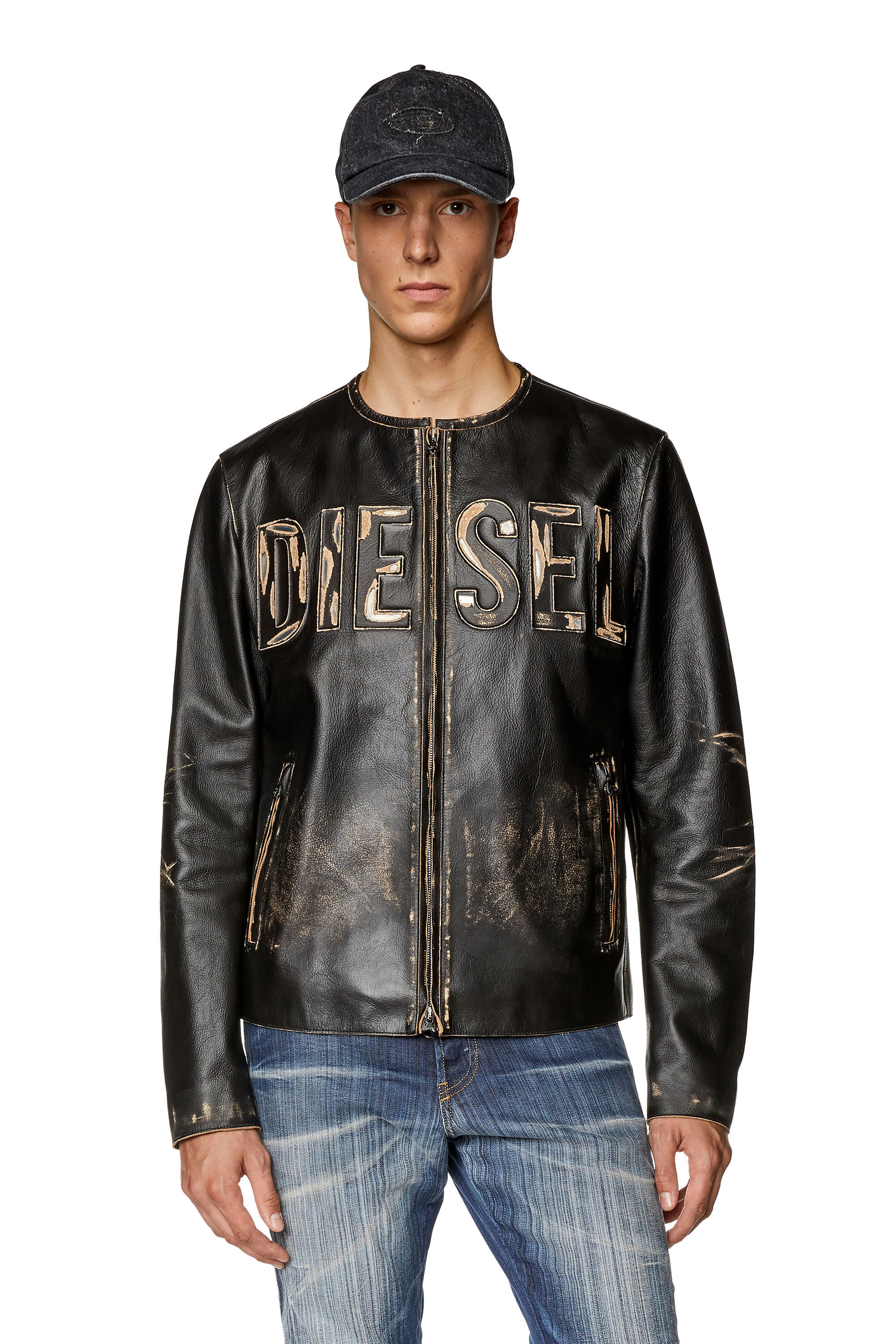 Diesel - L-MET, Man Distressed leather jacket with metal logo in Black - Image 3