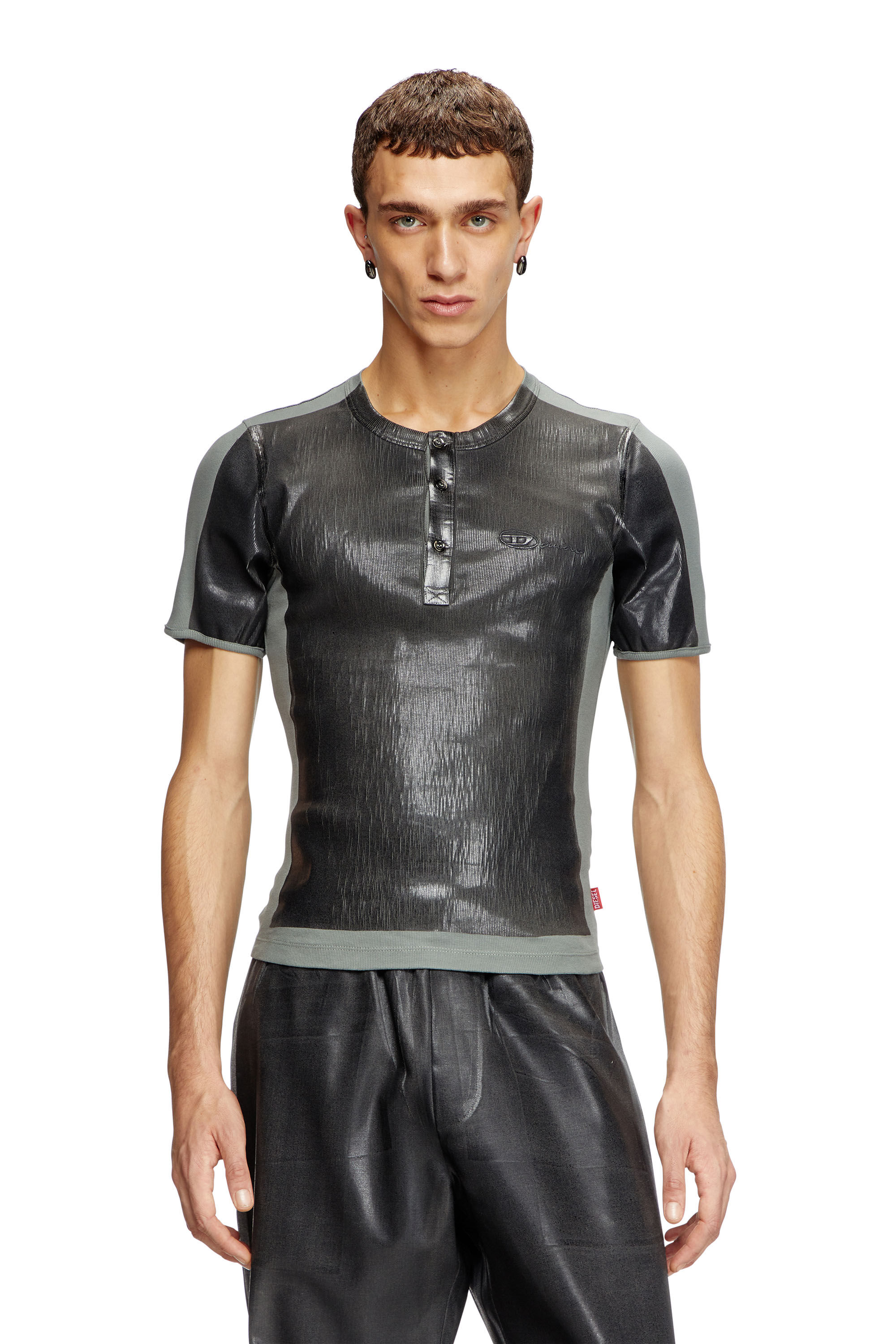 Diesel - T-RIBBER-DD, T-shirt Henley con coating Unisex in Grigio - 3