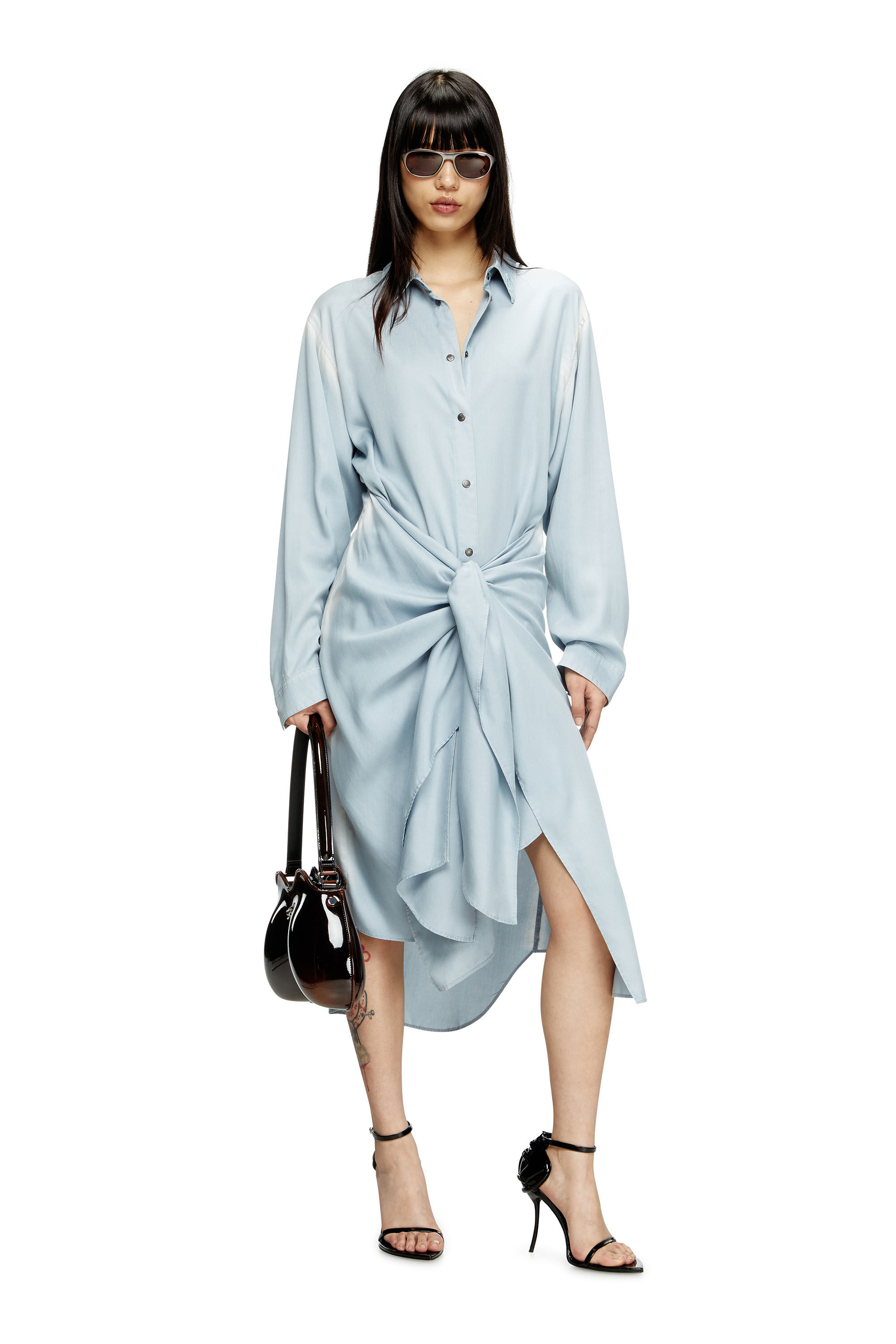 Diesel - D-ILETTA-R1, Shirt dress a portafoglio in twill trattato Donna in Blu - 1