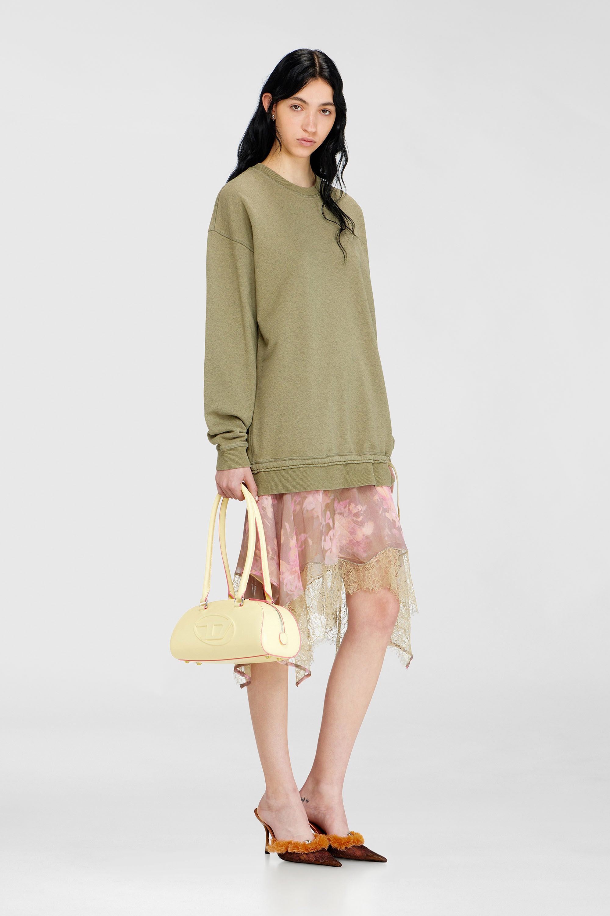 Diesel - D-ORELY, Woman's Sweatshirt dress with chiffon and lace skirt in Pink/Green - 1