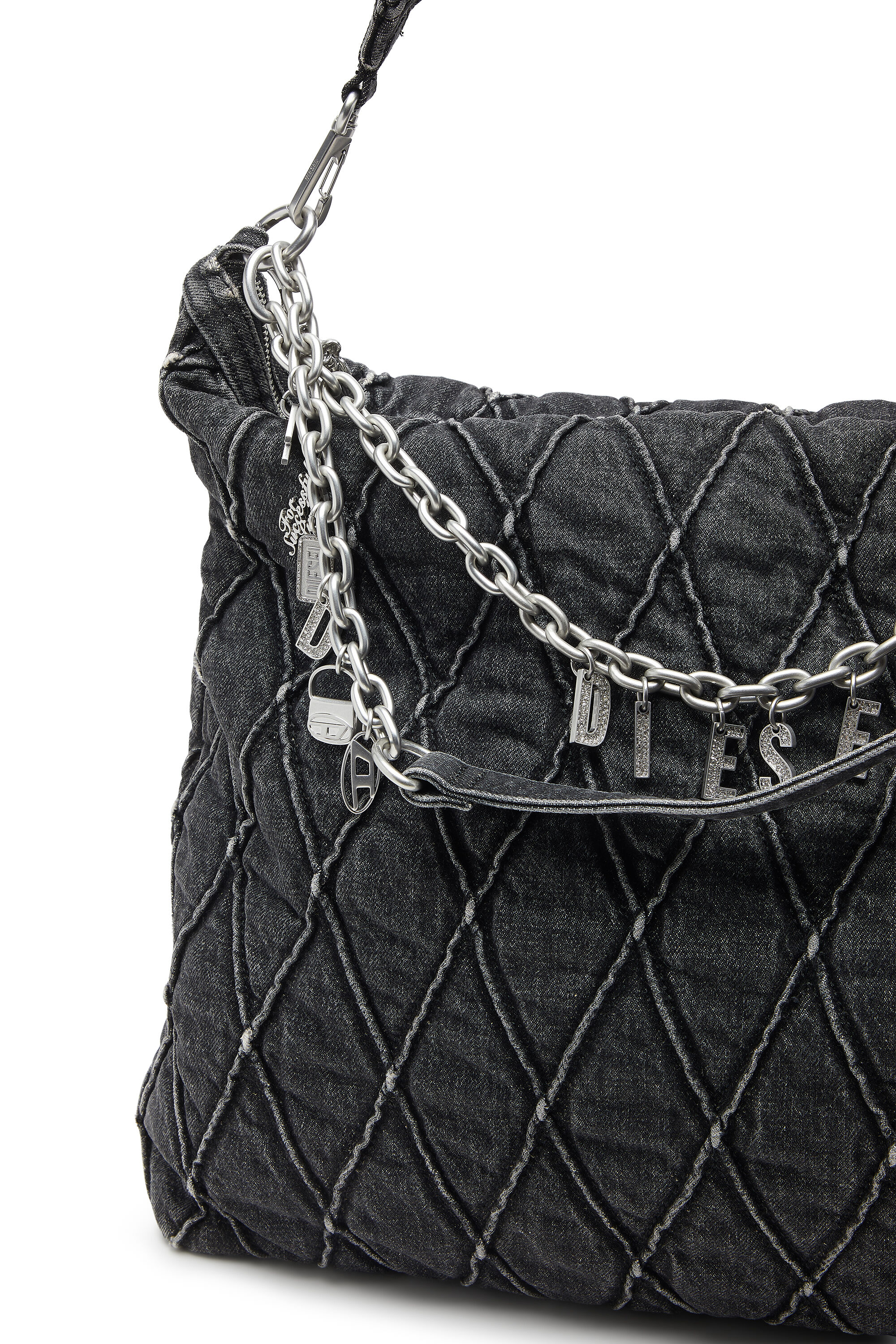 Diesel - HOSHI CHARM-D HOBO, Borsa hobo in denim trapuntato con charm Donna in Nero - 2