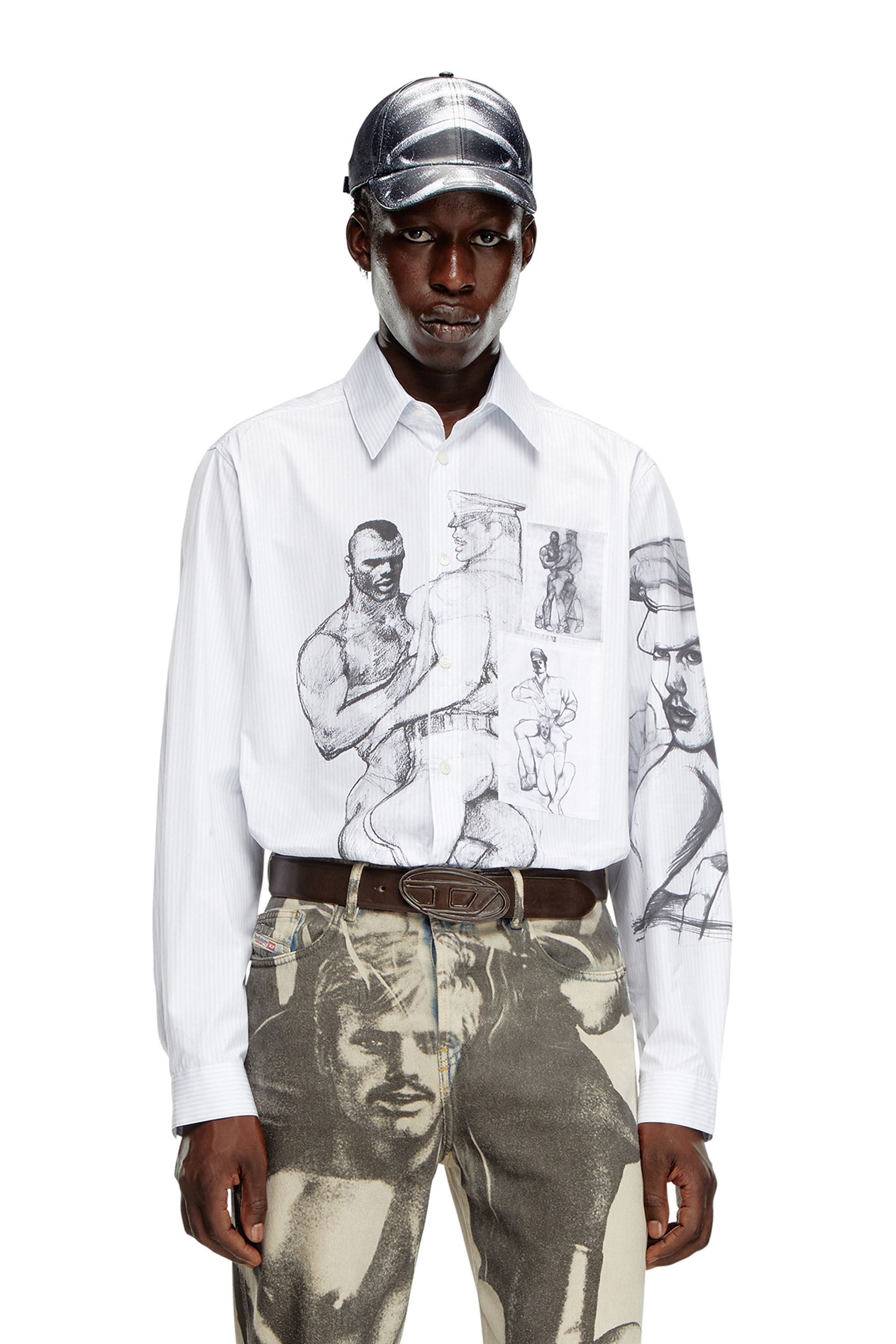 Camicia a righe con stampe e patch Donna Bianco Diesel