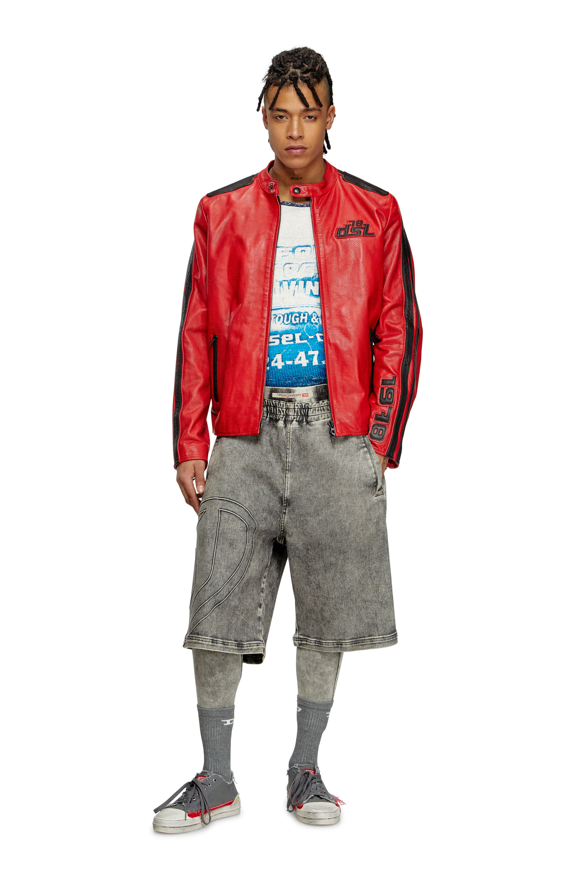Diesel - L-POP, Giacca biker in pelle traforata Unisex in Rosso - 1