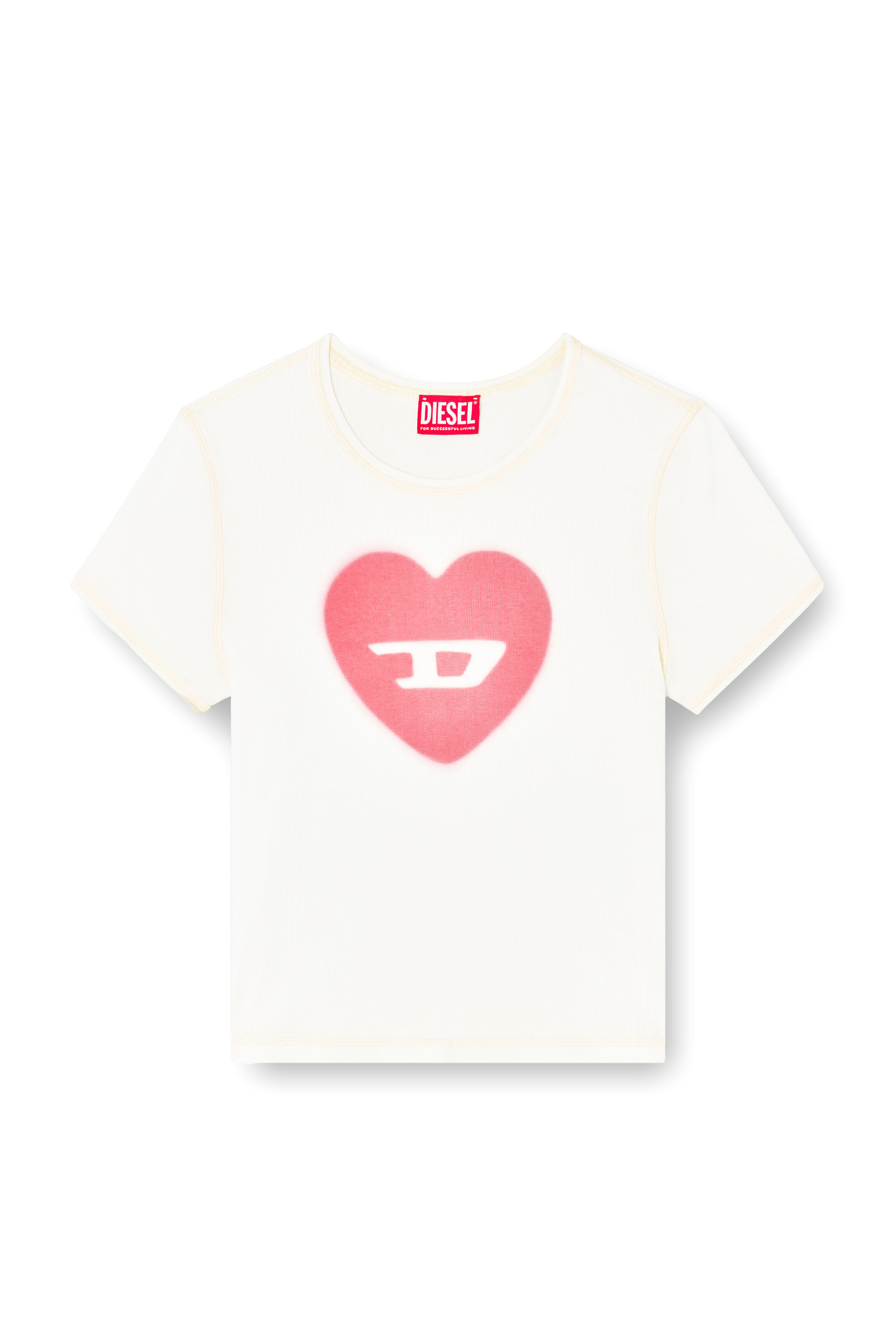 Diesel - T-ELE, T-shirt a costine con cuore D effetto acquerello Donna in Bianco - 2
