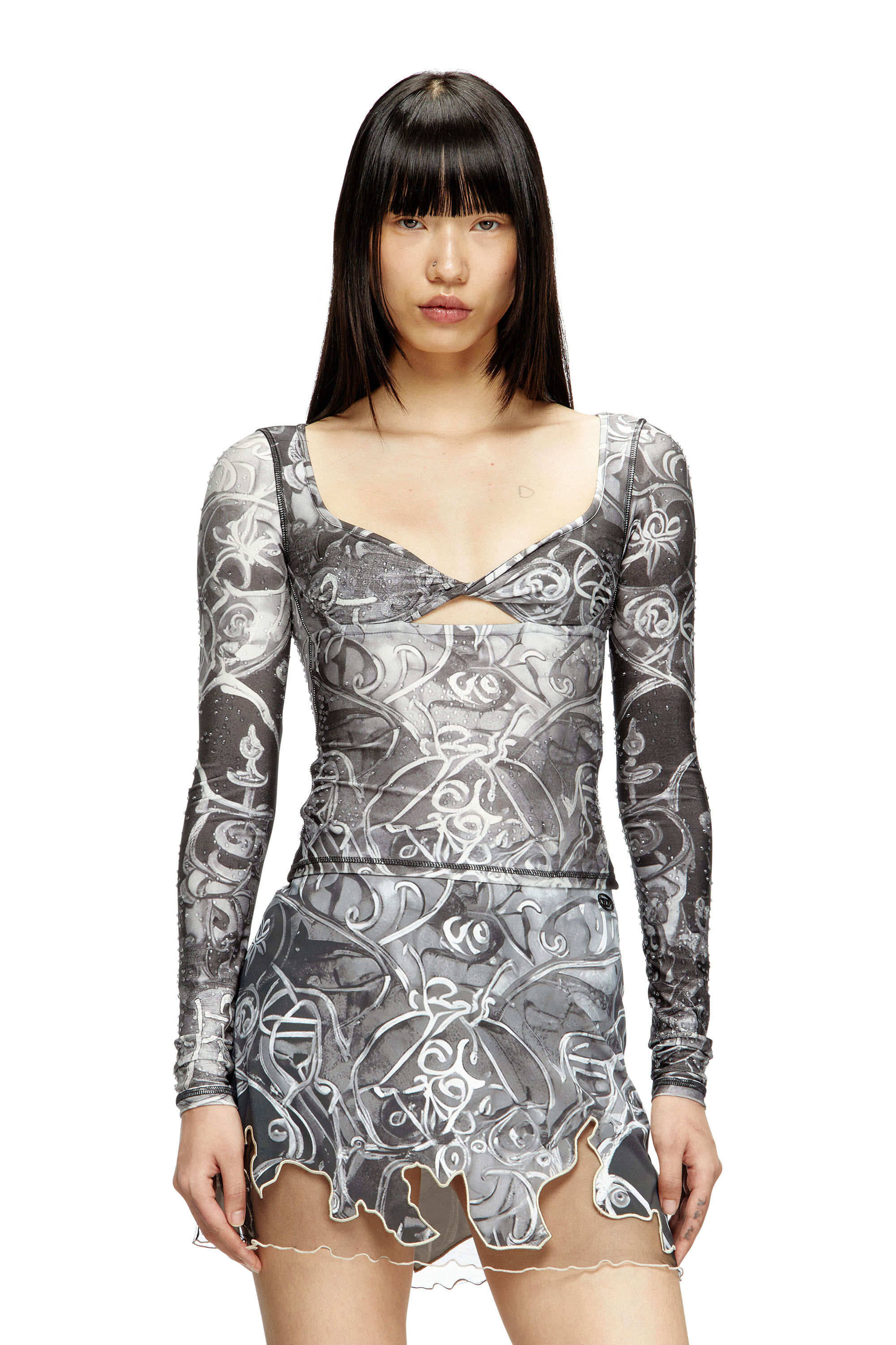 Diesel - T-ANTICA-LS, Top stampato con cristalli Donna in Grigio - 3