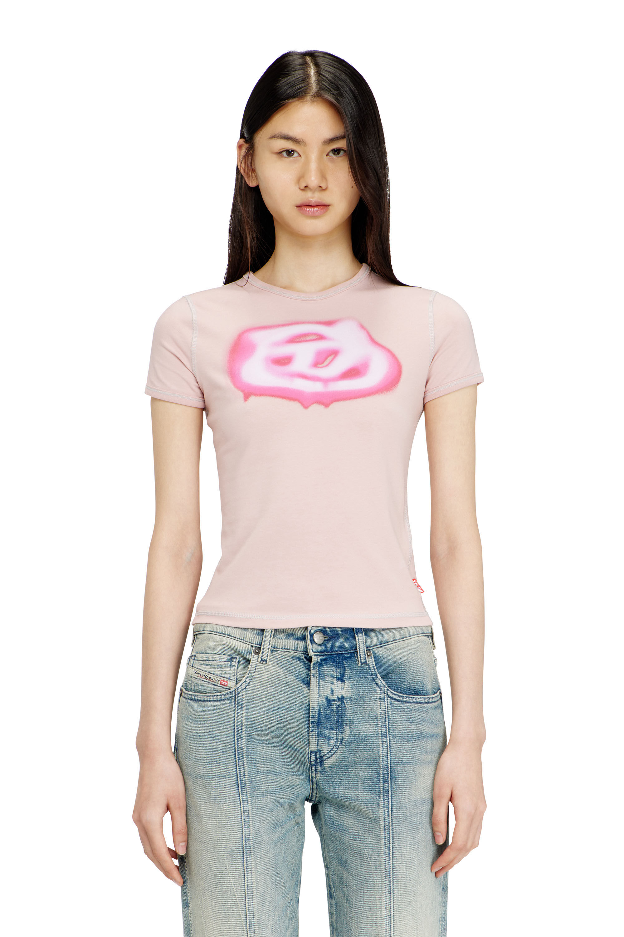 Diesel - T-UNCUTIES-LONG-S3, T-shirt slim con logo effetto graffiti Donna in Rosa - 3