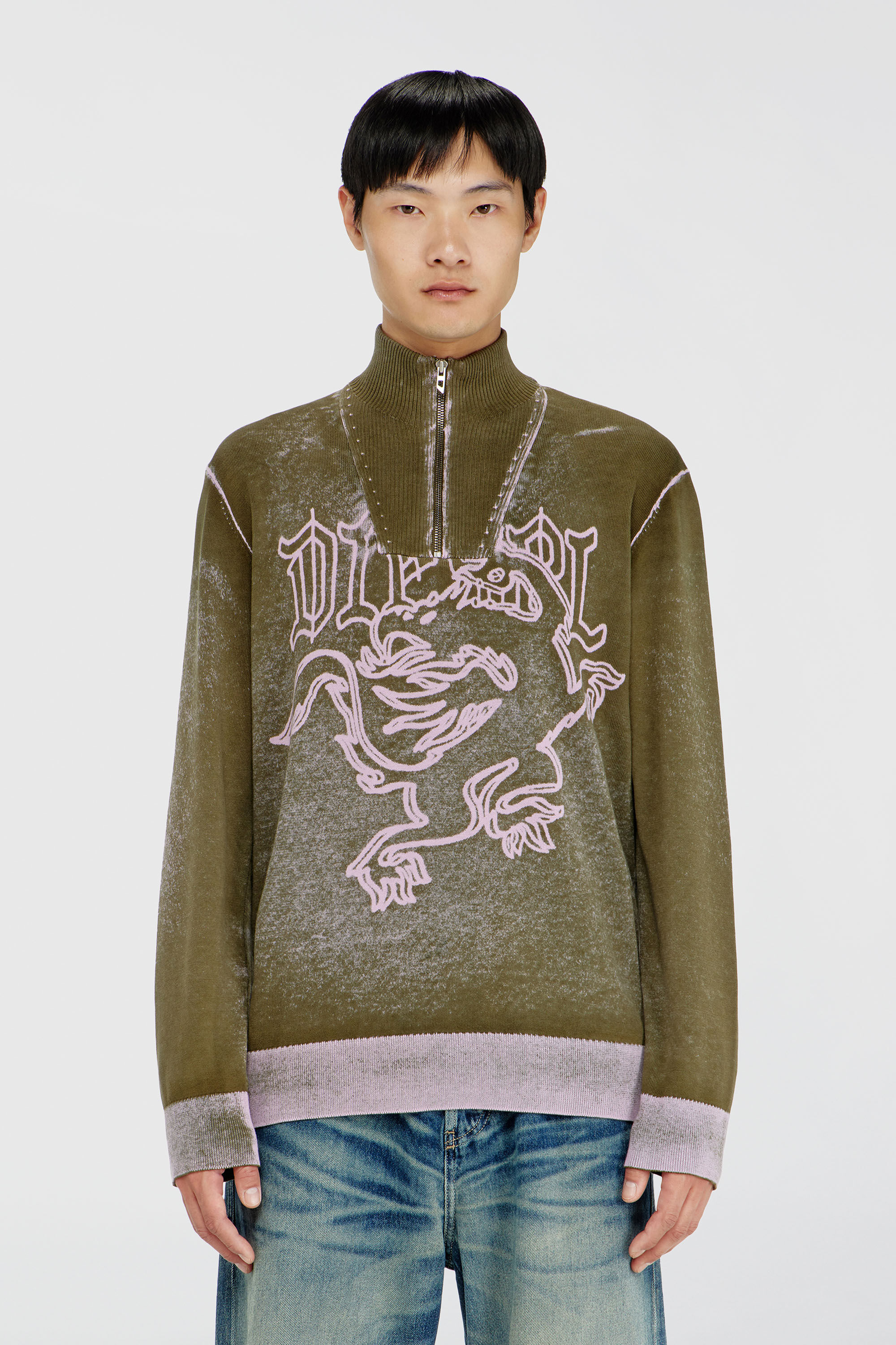 Diesel - K-LAUTARE, Maglia half-zip lavorata con motivo grifone Uomo in Verde - 3