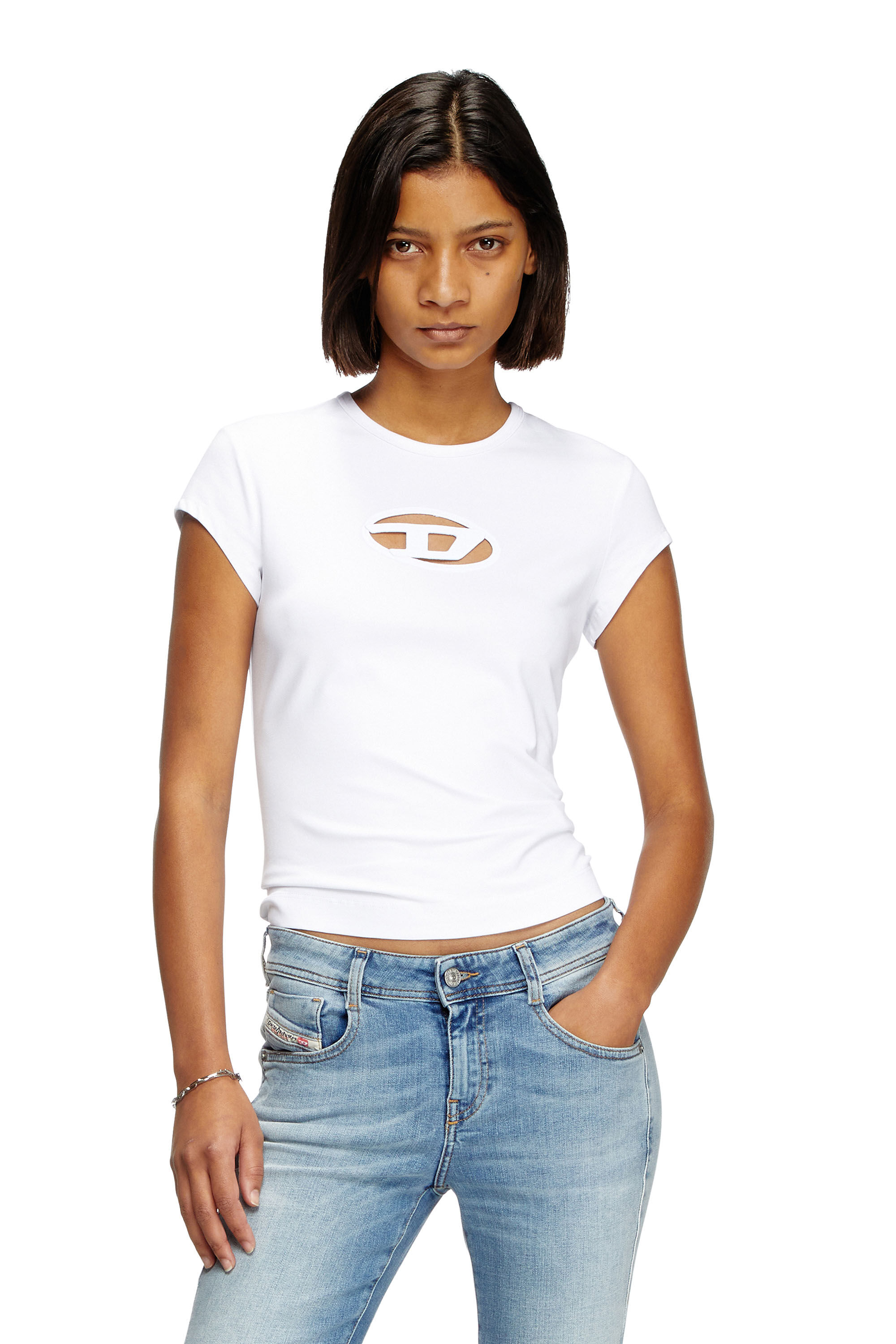Diesel - T-ANGIE, T-shirt con logo peekaboo Donna in Bianco - 3