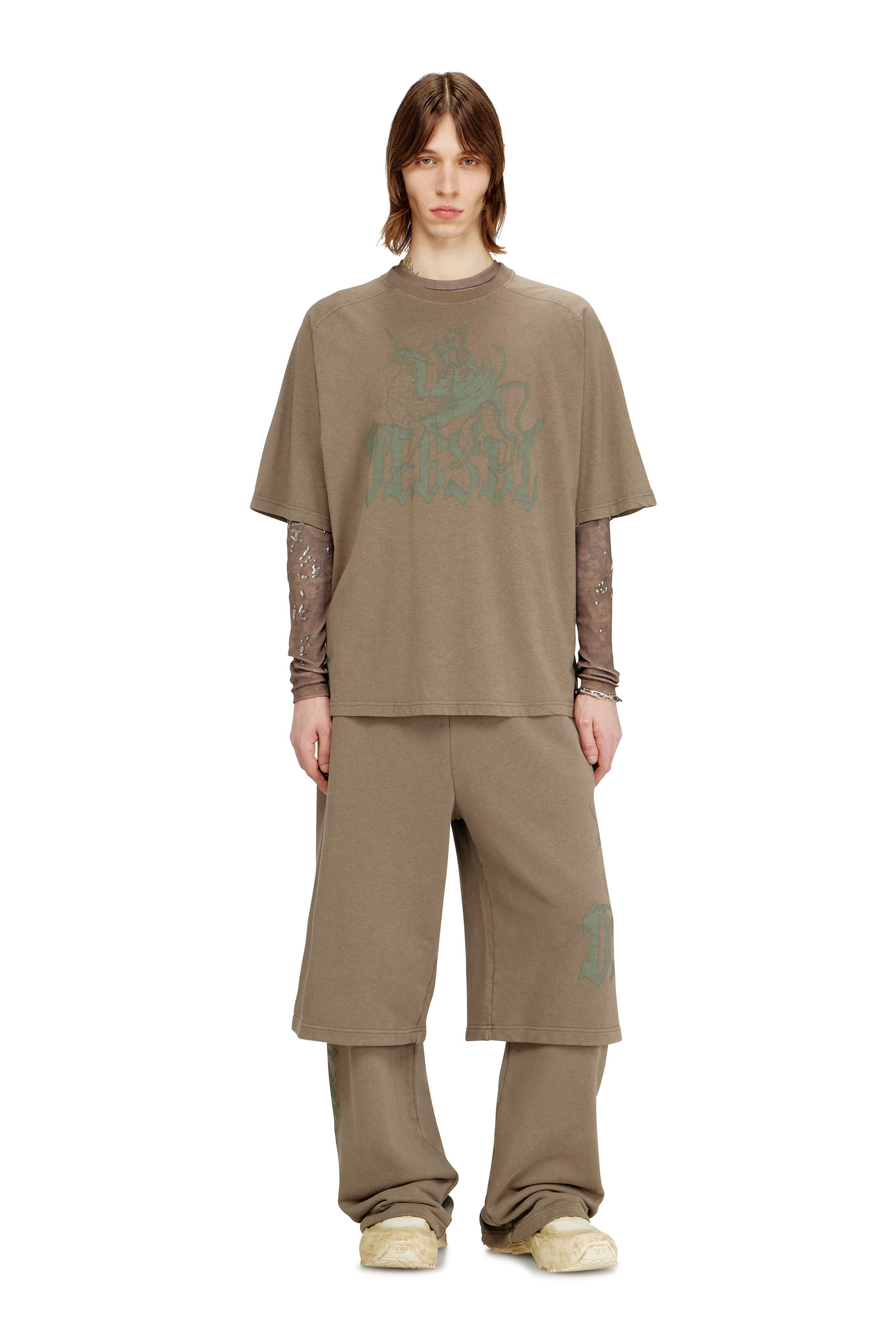 Diesel - T-JUSSI-A, T-shirt stampata in cotone e canapa Uomo in Beige - 1