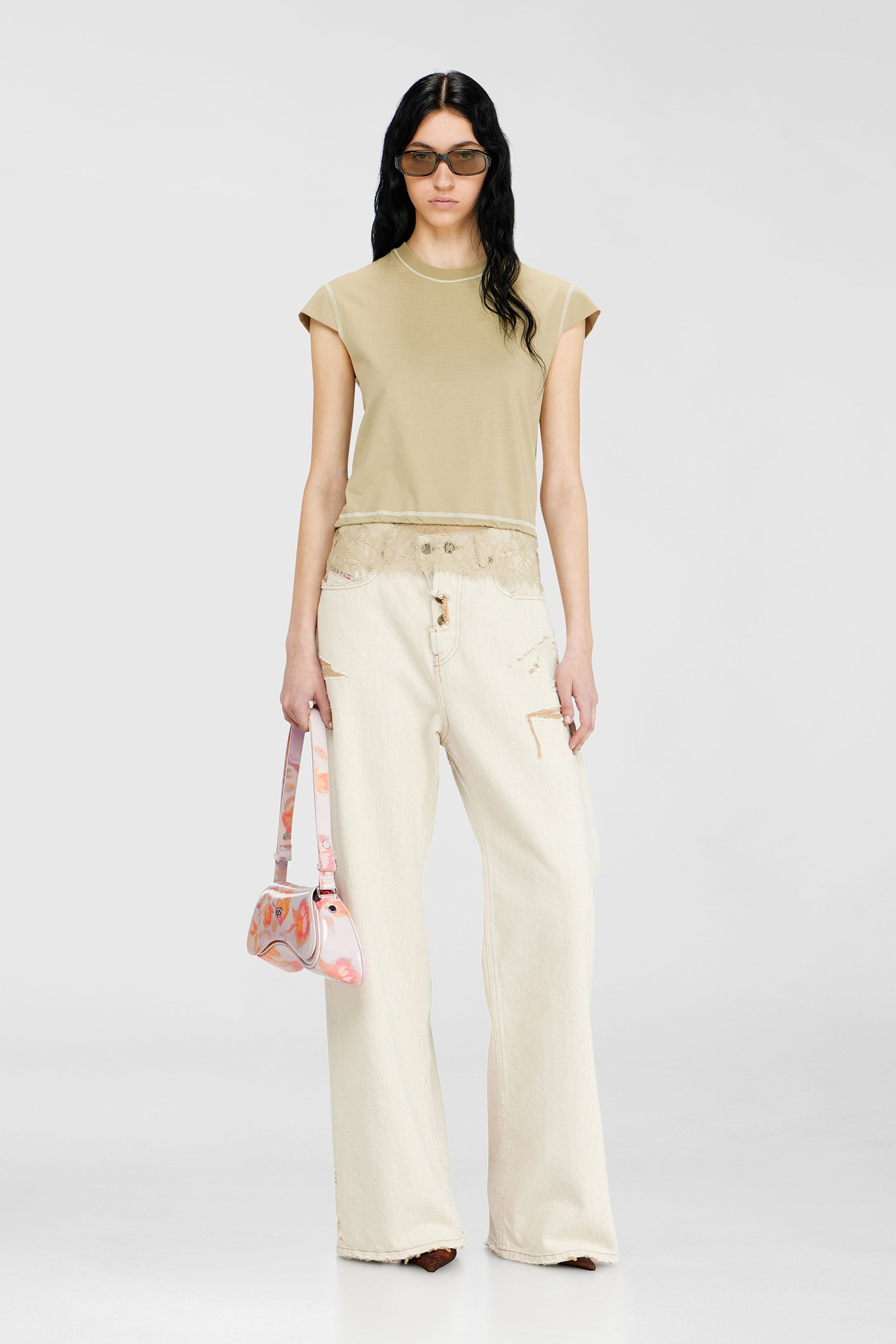 Diesel - T-LUNA, T-shirt in jersey con orlo in pizzo Donna in Beige - 1