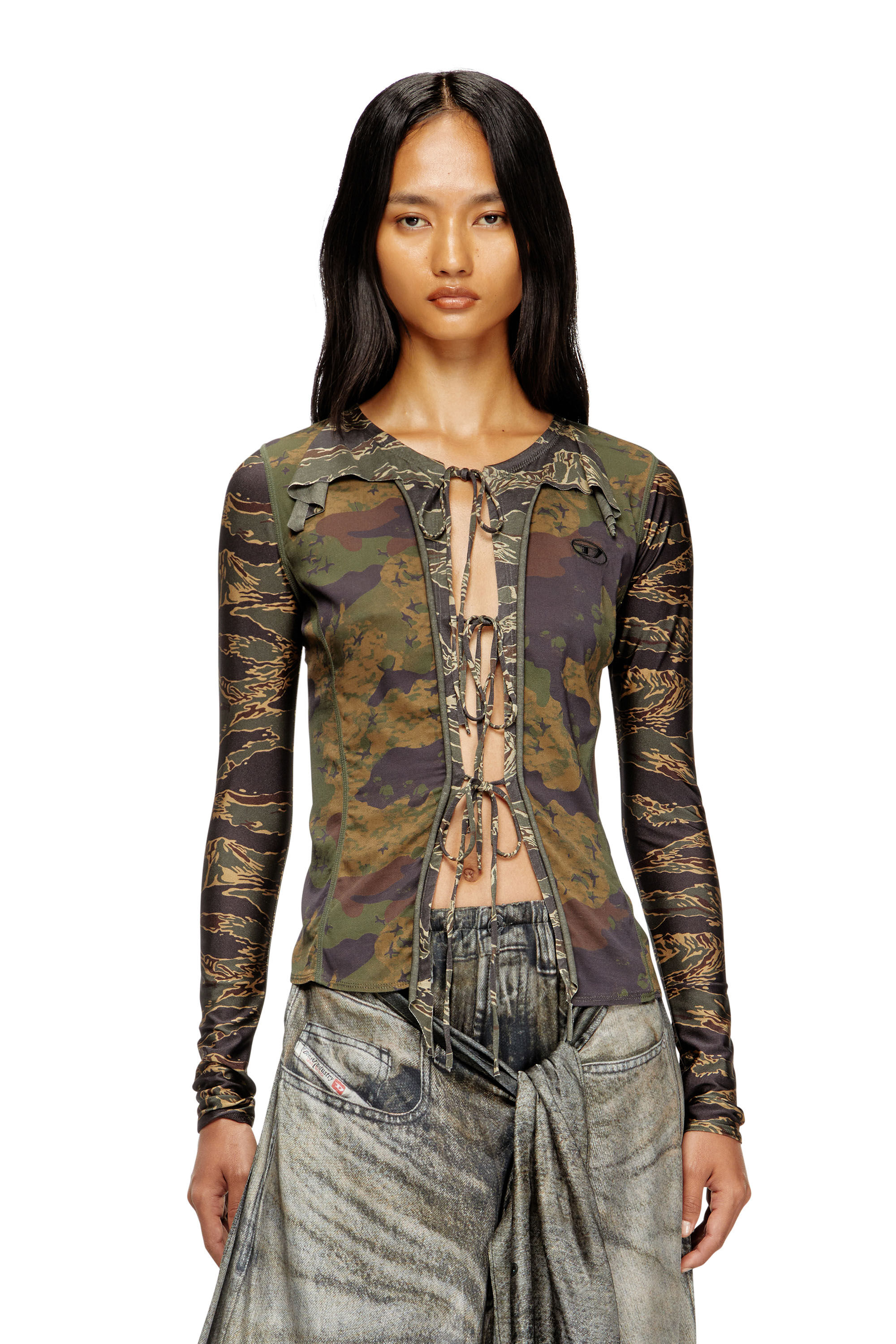 Diesel - T-AFRY, Cardican con lacci e stampe camouflage Donna in Verde - 3