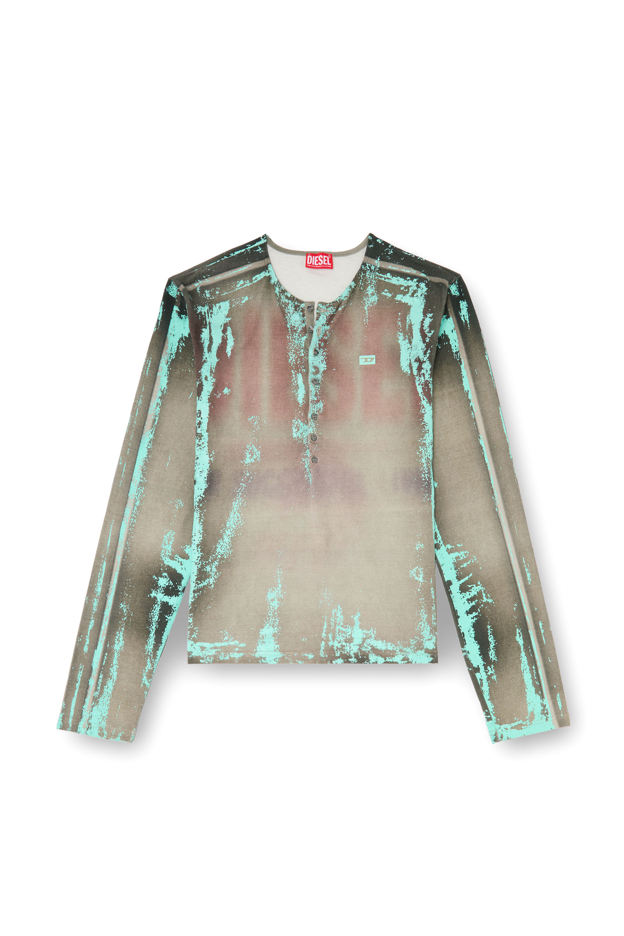 Diesel - T-FYNO-ML, Man's Grandad T-shirt in cracked leather-effect jersey in Green - 2